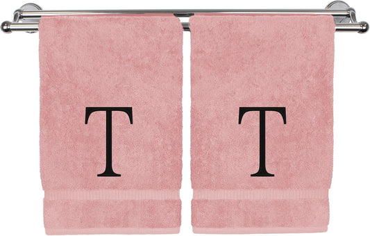 Monogrammed Hand Towel, Personalized Initial Gift, Extra Absorbent 100% Turkish Cotton - Soft Terry Finish - Set of 2 - Black Block Initial T - Embroidered on Pink Towels