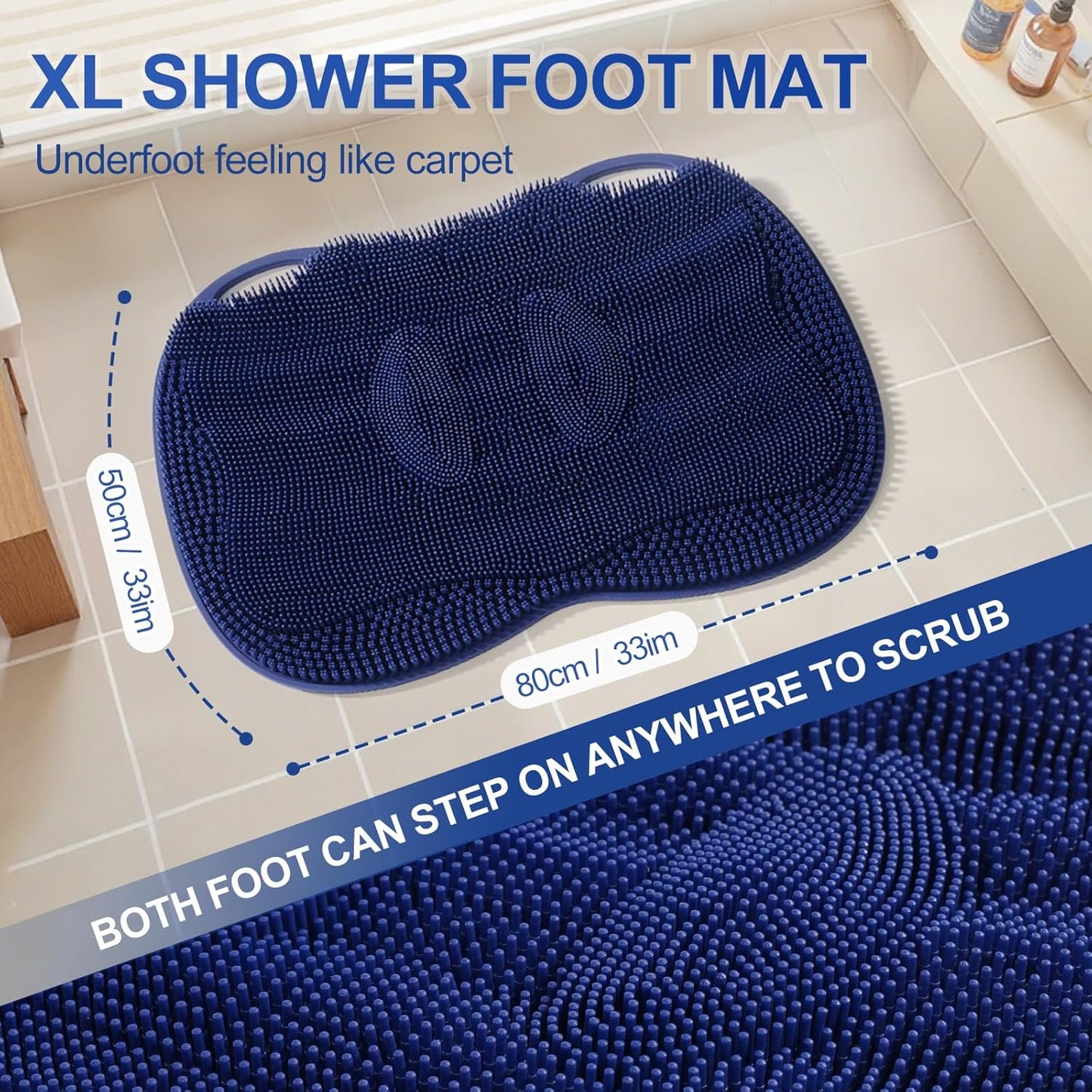 XL Shower Foot Scrubber Mat, Silicone Feet Massage Cleaner Dead Skin Toes Clean Pad without Bending Non-slip Suction Cups -Improve Circulation for Feet Beauty Exfoliate Smooth Achy 17.2*13" Navy Blue