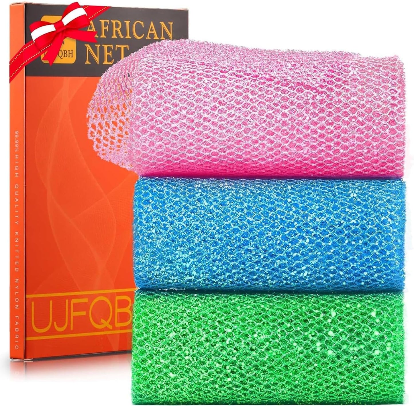 UJFQBH 3 Piece Bright Style African exfoliating net Exfoliating Shower Set Long Bath Sponges for Smooth, Refreshed Skin, The Exterior Gleams - Ideal for Daily Use (Bright Pink, Blue, Green)