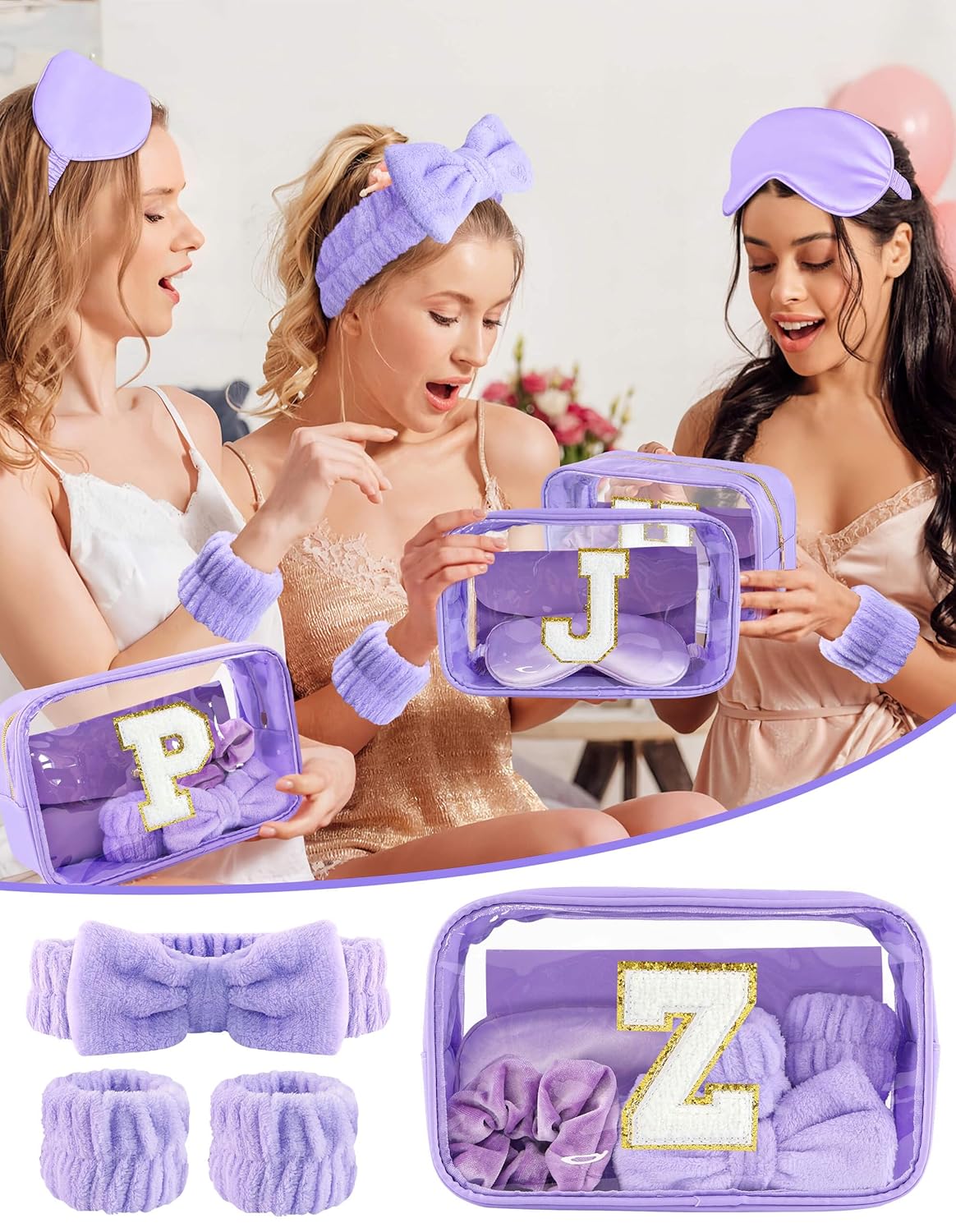 Gift Sets for Women, Initial Makeup Bag with Makeup Brush Set Bachelorette Party Favors, Purple Spa Kit with Skincare Headbands Wrist Bands Sleepover Party Supplies Gifts for Teen Girls Bridesmaid Z