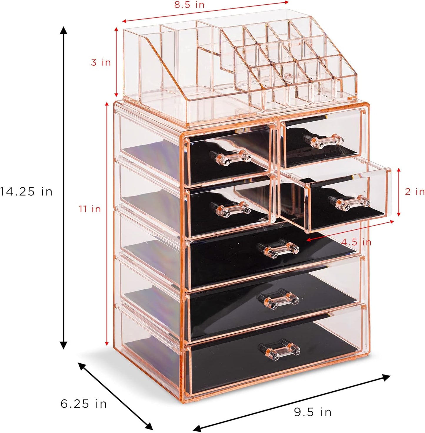 Sorbus Clear Cosmetic Makeup Organizer - Make Up & Jewelry Storage, Case & Display - Spacious Design - Great Holder for Dresser, Bathroom, Vanity & Countertop (3 Large, 4 Small Drawers) [Pink]