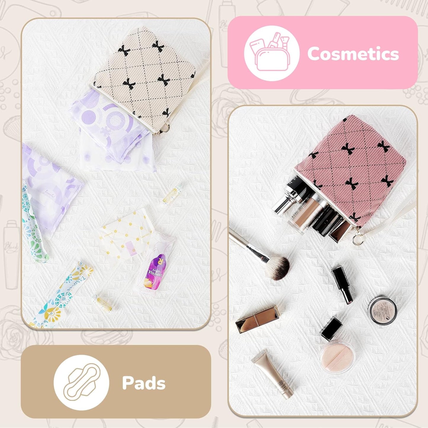 Bow Period Bag for Teen Girls, Corduroy Cute Sanitary Napkin Storage Bag with Wristlet, Menstrual Pad Pouch Tampon Holder for Backpack (Pink)