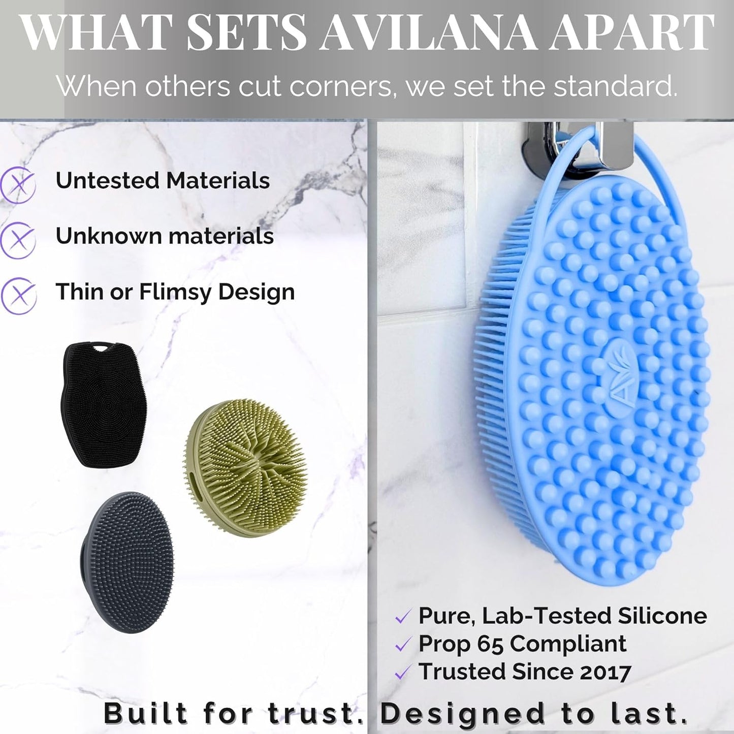 Avilana Silicone Body Scrubber - Food Grade & Lab Tested, Gentle Exfoliating Shower Brush for All Skin Types, Hygienic Quick-Dry Loofah Alternative (Green, Massage-Silver)