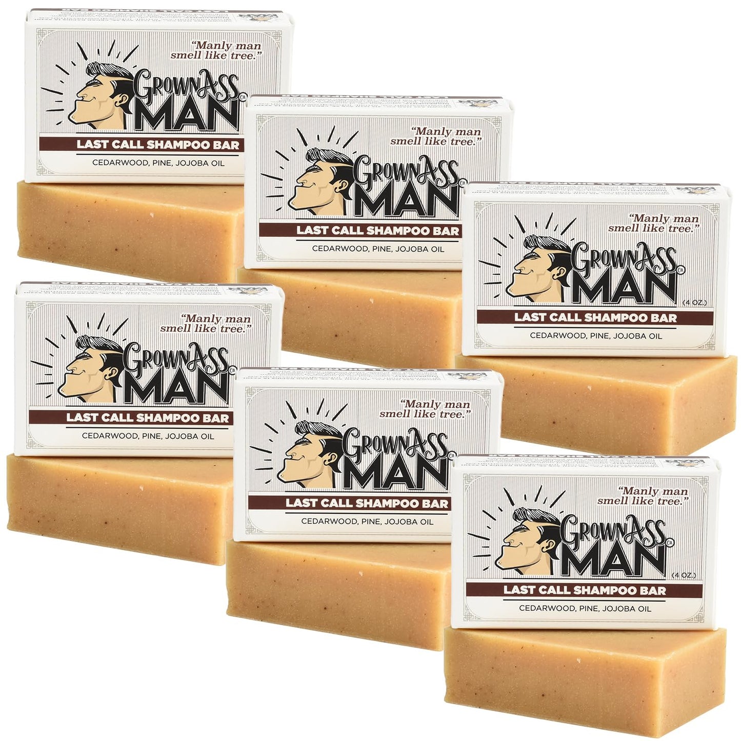 Grown Ass Man Co. - Solid Shampoo Bar Rich Lather 3 in 1: Hair, Beard & Body Wash - Plastic Free & Eco-Friendly, Natural & Organic Clean for All Hair Types, 4oz Bar (Last Call, 6-Pack)