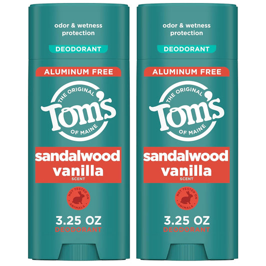 Tom’s of Maine Sandalwood Vanilla Aluminum Free Natural Deodorant For Women & Men | Goes on Clear | Odor & Wetness Protection | Naturally Derived and Moisture-Locking Ingredients | 3.25 oz (2 Pack)