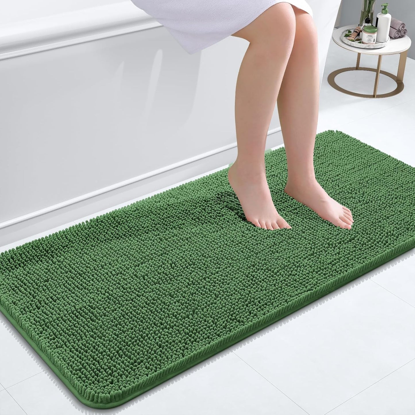 OLANLY Bathroom Rugs 47x20, Extra Soft Absorbent Chenille Bath Rugs, Rubber Backing Quick Dry, Machine Washable Bath Mats for Bathroom Floor, Tub and Shower, Home Decor Accessories, Olive Green