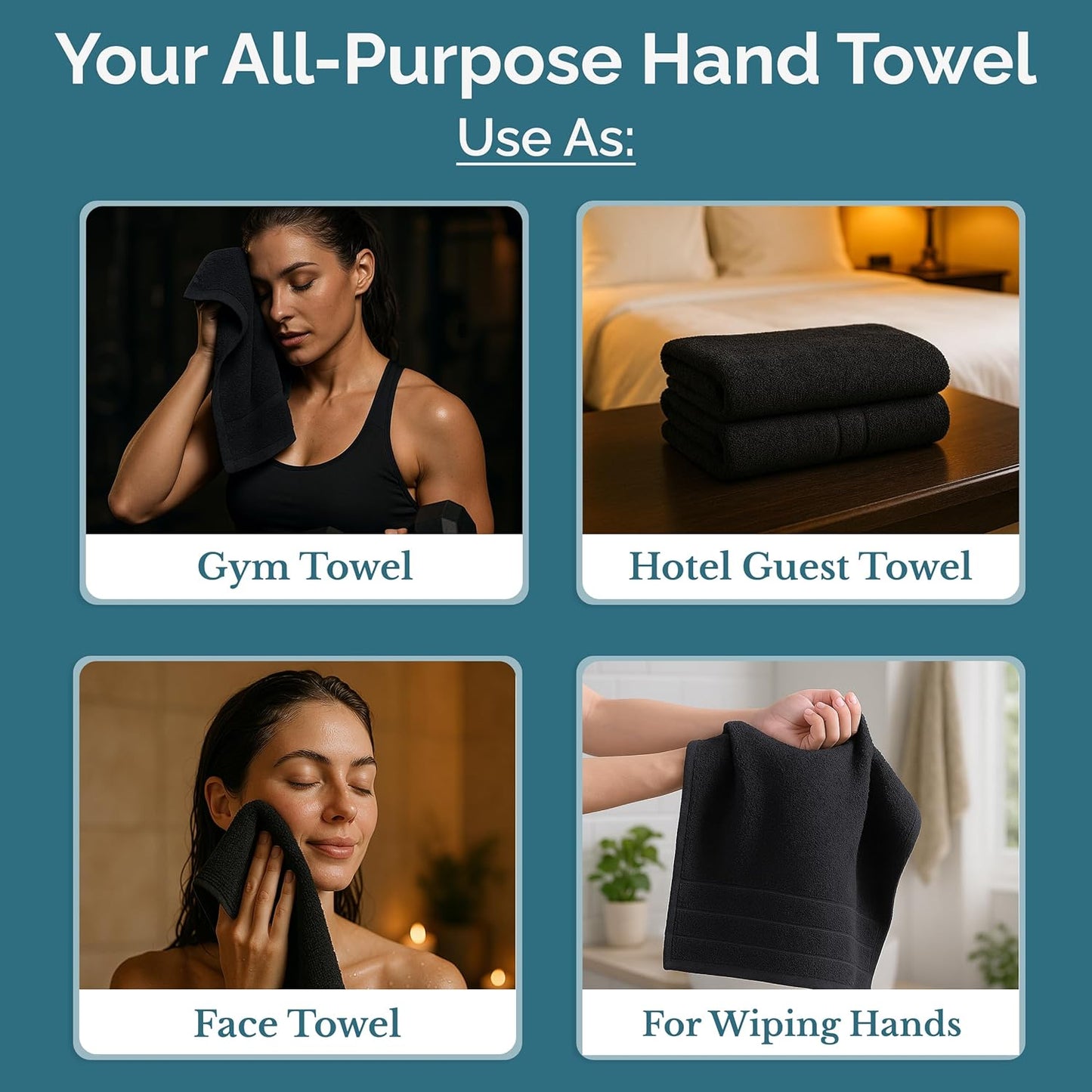 Casa Platino 4 Pack Hand Towels for Bathroom (16"x28") - Spa & Hotel Quality - 100% Cotton, Ring Spun - Quick Dry, Ultra Soft & Absorbent Black Hand Towels Set of 4 - Perfect for Everyday Use - Black