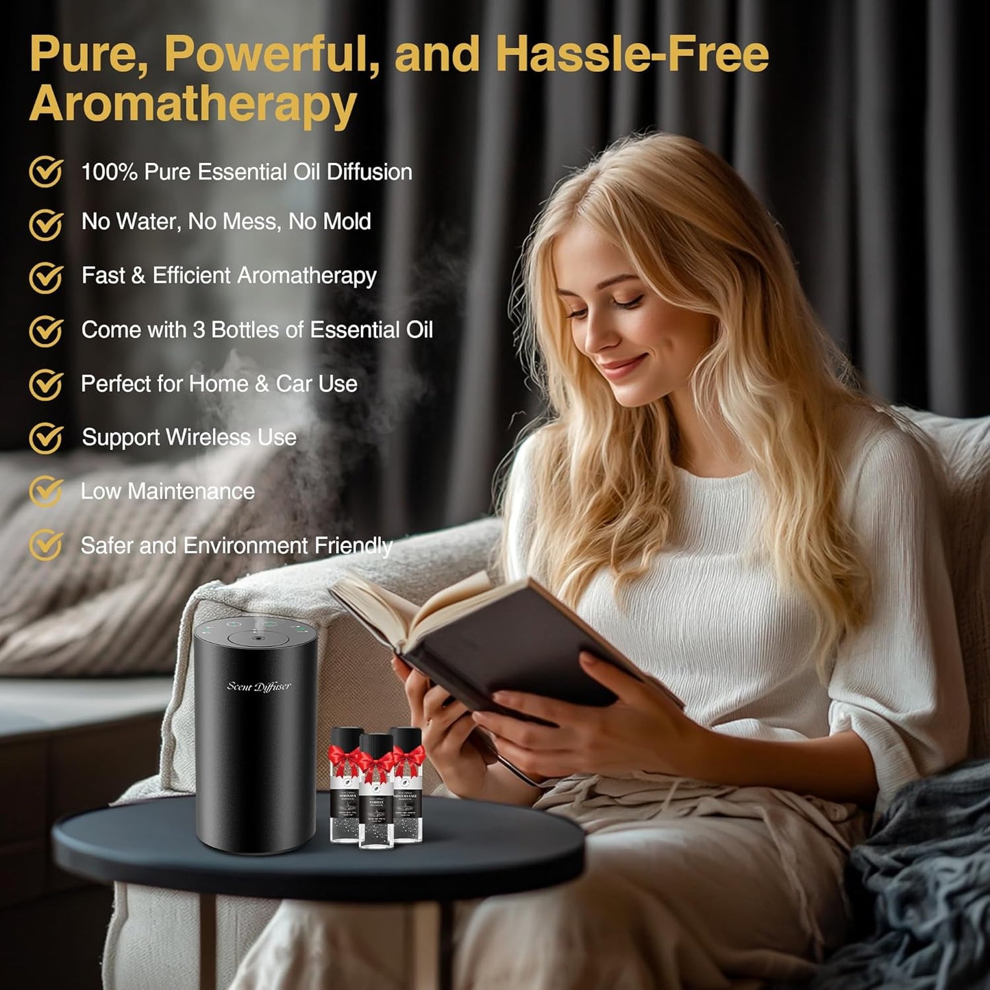 Waterless Essential Oil Diffuser Starter Kit - No Water Needed, Battery Operated Mini Scent Air Machine, Included 3x20ML Essential Oils, Portable Aromatherapy Diffuser for Home & Car & Office, Black