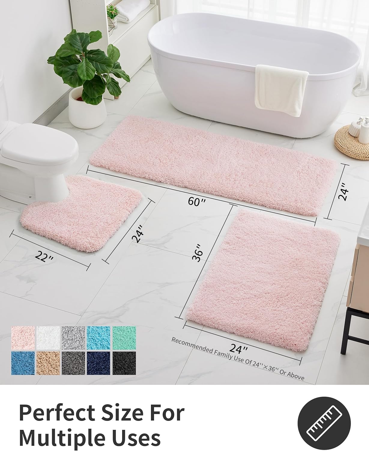 ILANGO Pink Bathroom Rugs 24" × 17" Small Non Slip & Super Absorbent Extra Thick Soft, Washable Bath Mat for Floor, Non Shedding Microfiber Plush Shaggy Bath Rug with Rubber for Bathtub Shower Sink