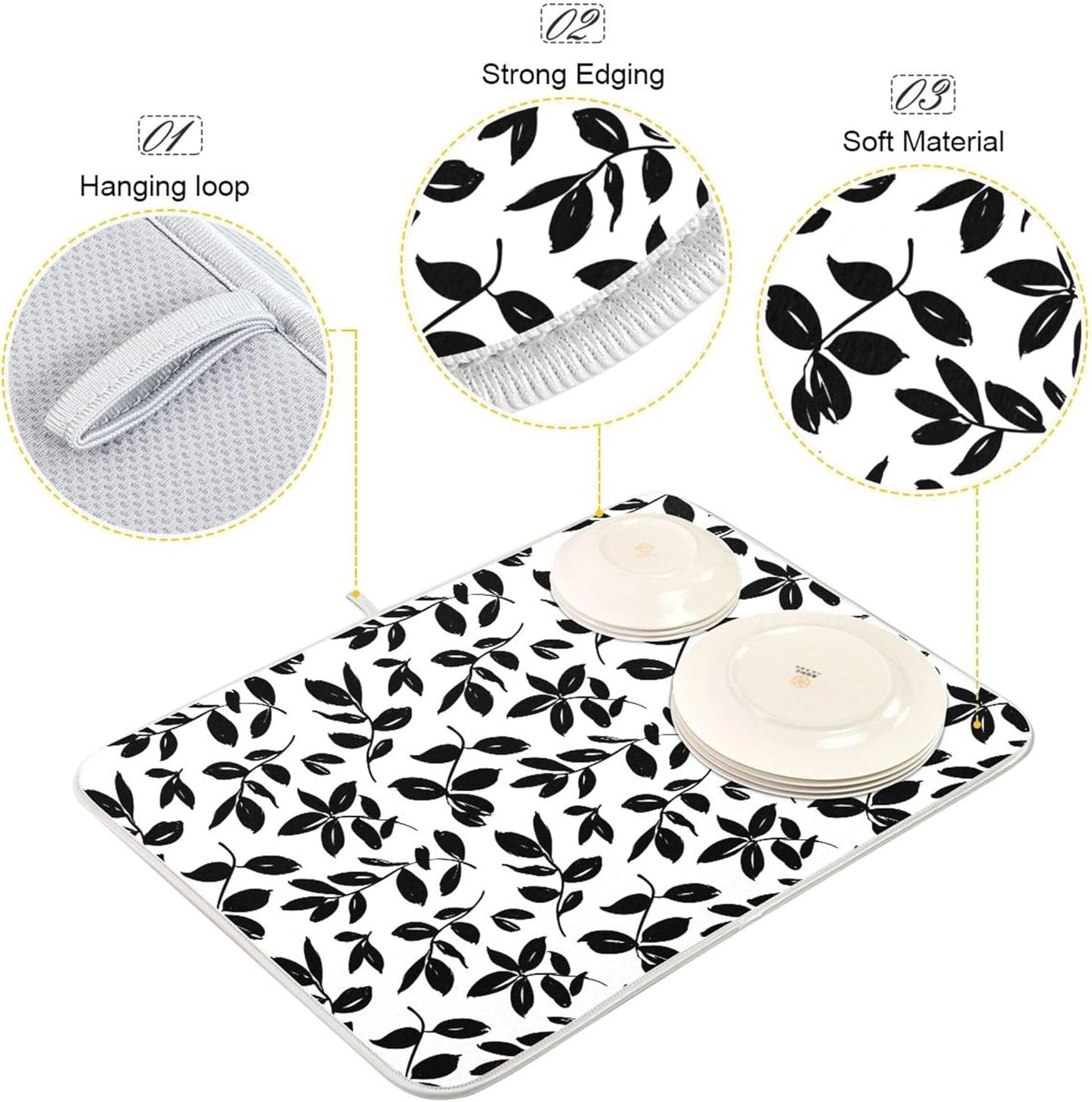 Eucalyptus Leaves Dish Drying Mat for Kitchen Countertop 16x18 Black White Floral Leaf Small Drying Mat Reusable Quick Dry Dish Sink Absorbent Mats Dishwasher Easy Clean Decorative Home Essentials