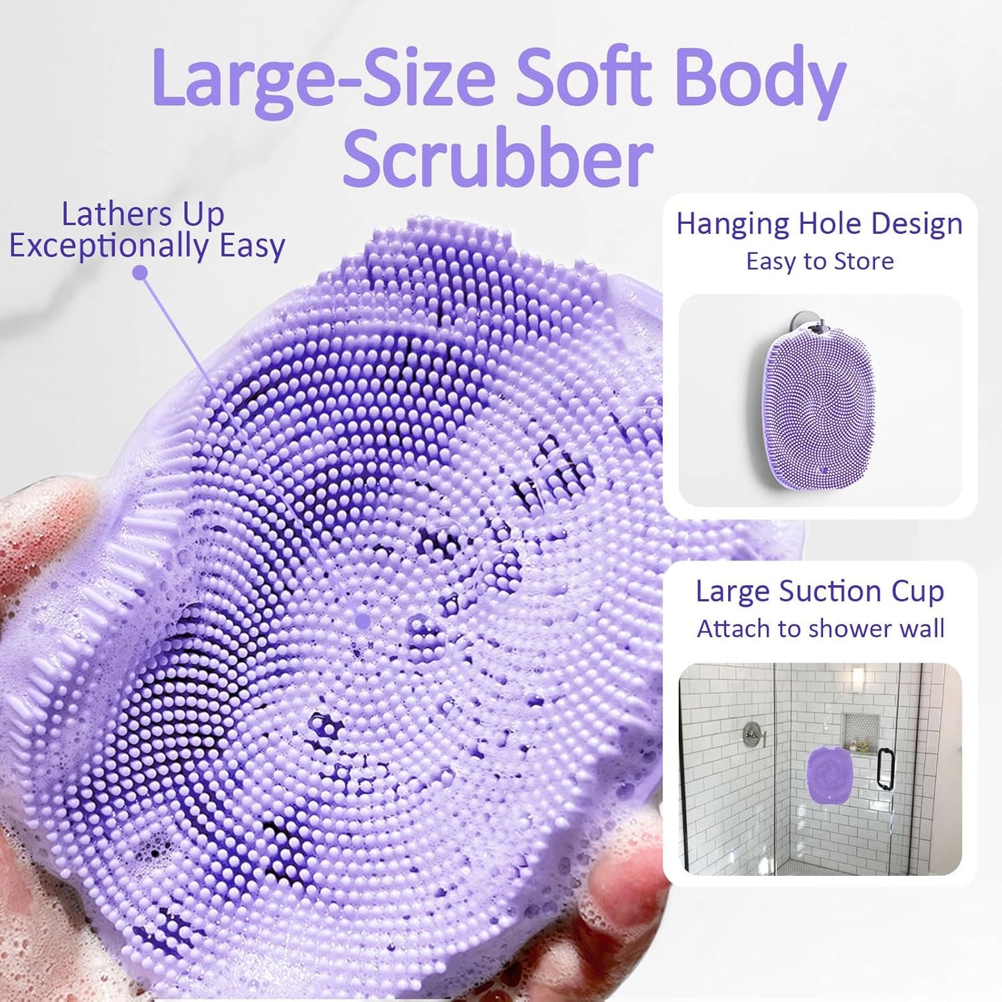 Soft Silicone Body Scrubber, Gentle Like a Hand Exfoliating Your Skin and Build Up Lather Easily, Back Large Suction Cup Easy to Store, Long-Lasting & Deep Clean (Purple)