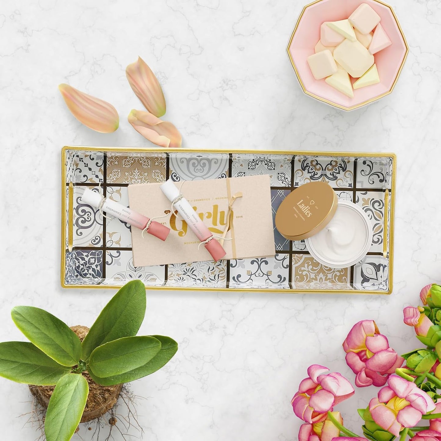 Bathroom Vanity Tray for Countertop, Small Plastic Toilet Tank Tray Versatile Storage & Organization Tray for Makeup, Perfume, Desk, Kitchen, Candles, 13.7"x6"x1.4", 35Boho3