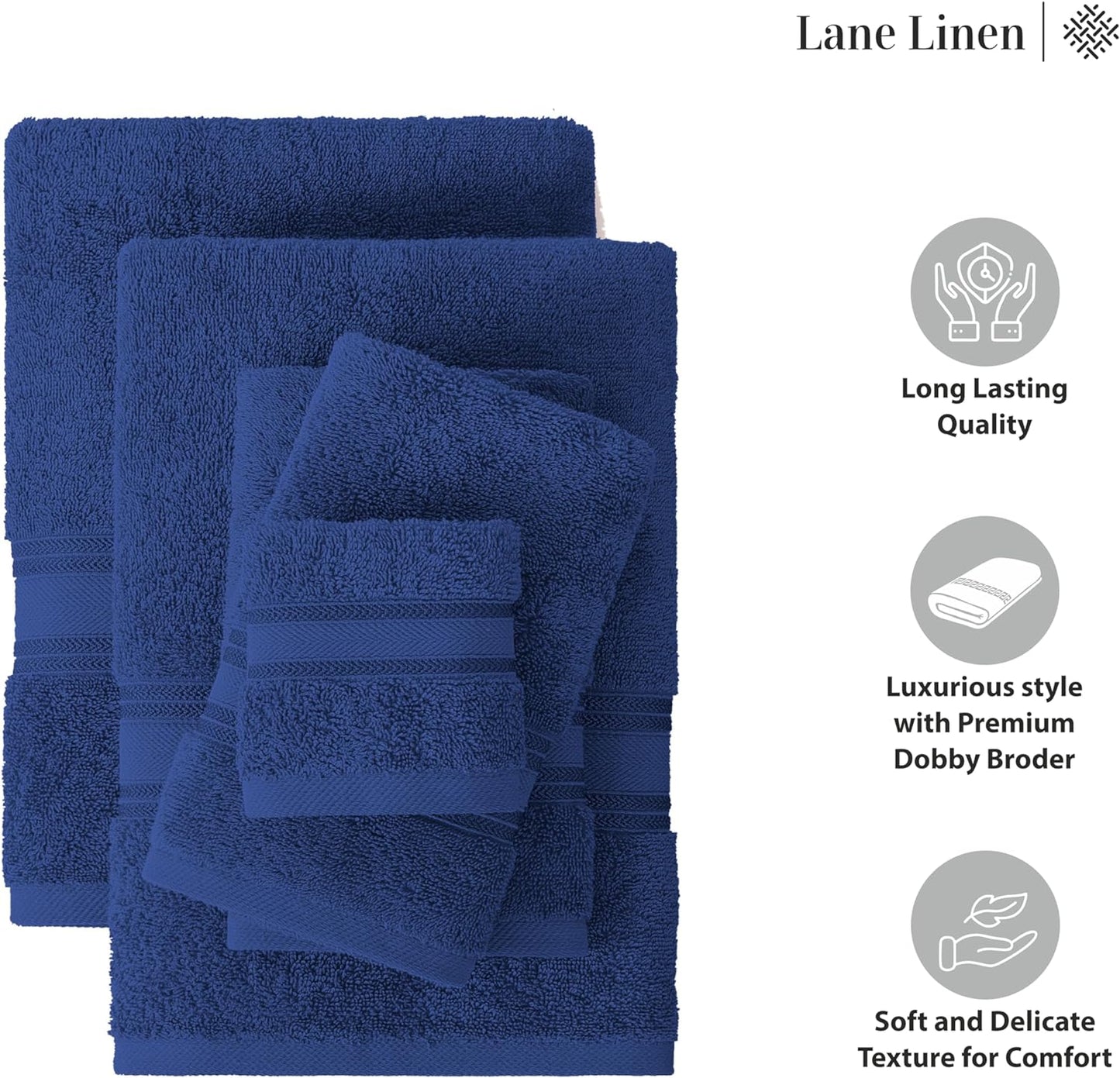 LANE LINEN Luxury Bath Towels Set - 6 Piece Set, 100% Cotton Bathroom Towel, Zero Twist, Quick Dry Shower Towels, Extra Soft Absorbent Towel, 2 Bath Towels, 2 Hand Towels, 2 Wash Cloths - Navy