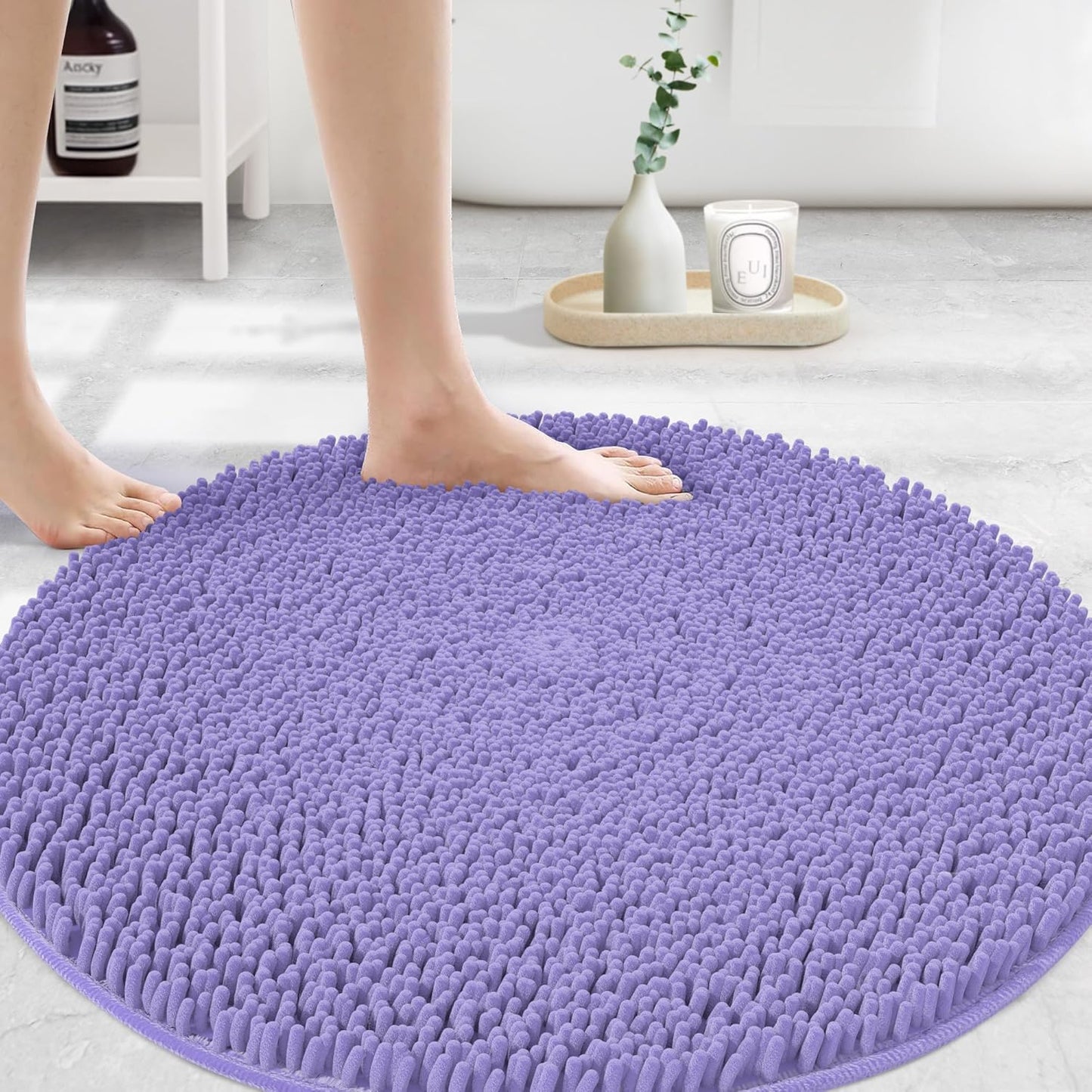 MAYSHINE Round Area Rug Set for Bathroom | Soft Plush Chenille Bath Mat, Water Absorbent Non-Slip Bathroom Rug | Washable Shag Carpet for Shower, Bedroom, or Home Décor | 36"x36" Round | Lavender