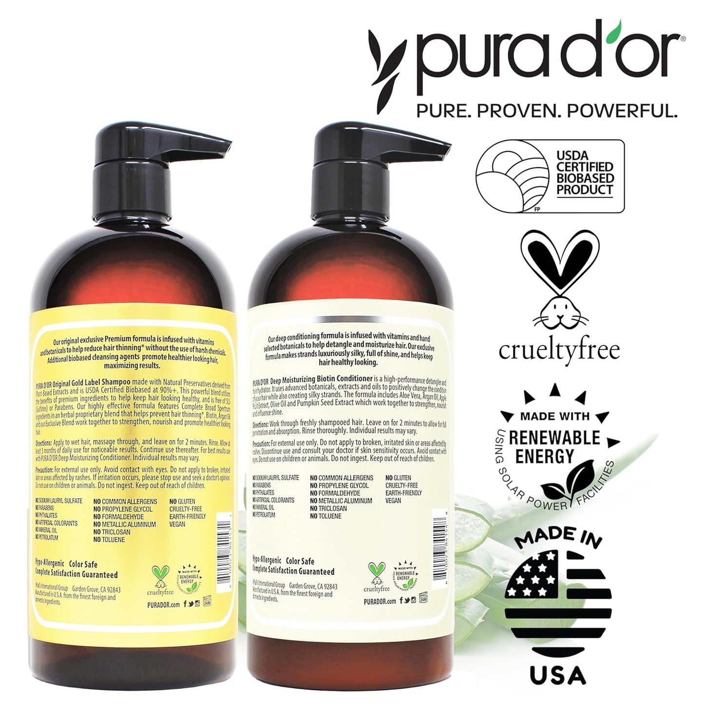 PURA D'OR Anti-Thinning Biotin Shampoo & Deep Moisturizing Conditioner Original Gold Label Set (24oz x2) Natural Earthy Scent, CLINICALLY TESTED Effective Results, Hair Thickening Product, Women & Men
