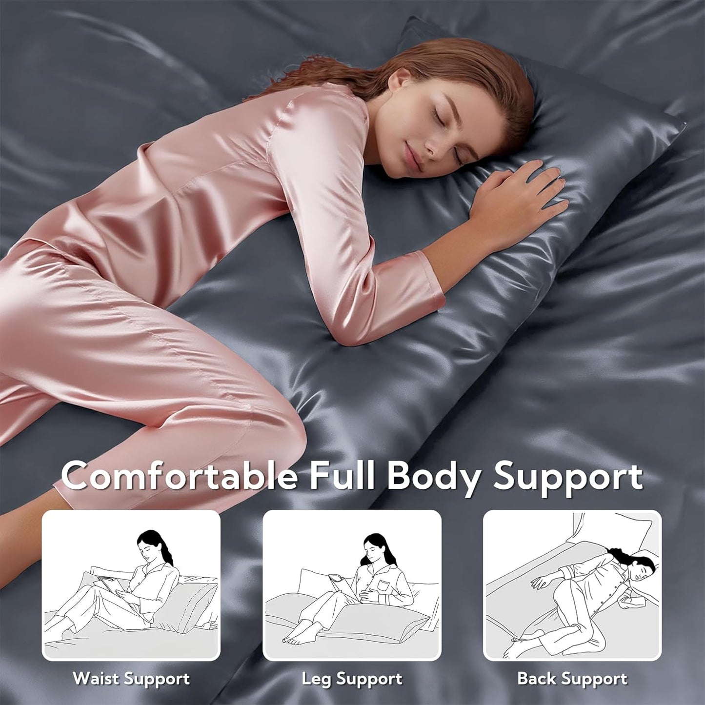 MR&HM Satin Body Pillow Cover, Soft and Breathable Body Pillow Case with Envelope Closure, Cooling and Silky Long Pillowcase for Hair and Skin,Grey (20x54, Space Grey)