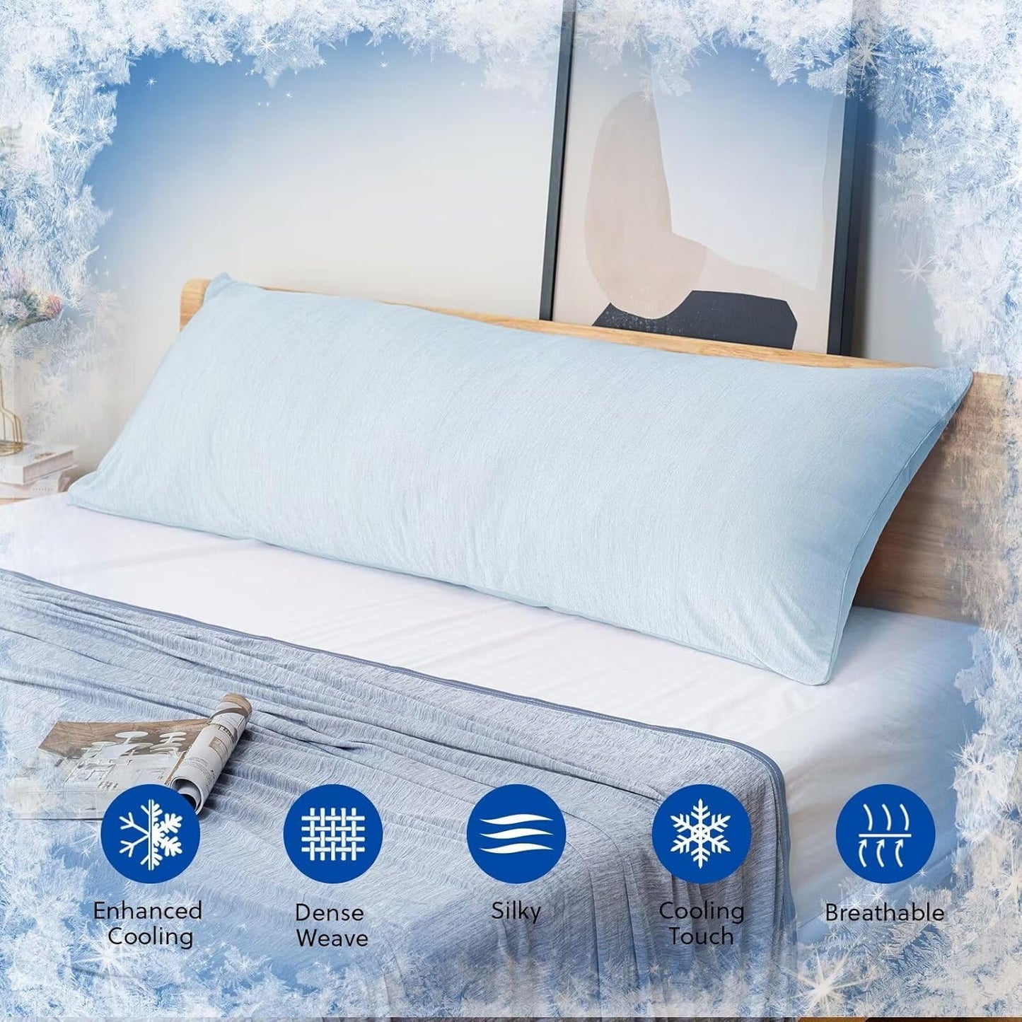 HOMFINE Cooling Pillowcase Body Size - Double Side Q-Max 0.439 Cooling Fiber for Pillow Protector, Breathable Long Cold Pillow Cover for Hot Sleeper Night Sweat, Zipper, 1 Pack (20"x54", Light Blue)