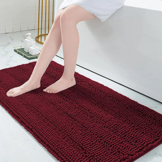 Grandaily Chenille Striped Bathroom Rugs 59x24, Extra Thick and Absorbent Bath Mats, Non-Slip Soft Plush Shaggy Shower Carpet, Machine Wash Dry, Bath Rug for Bathroom, Burgundy