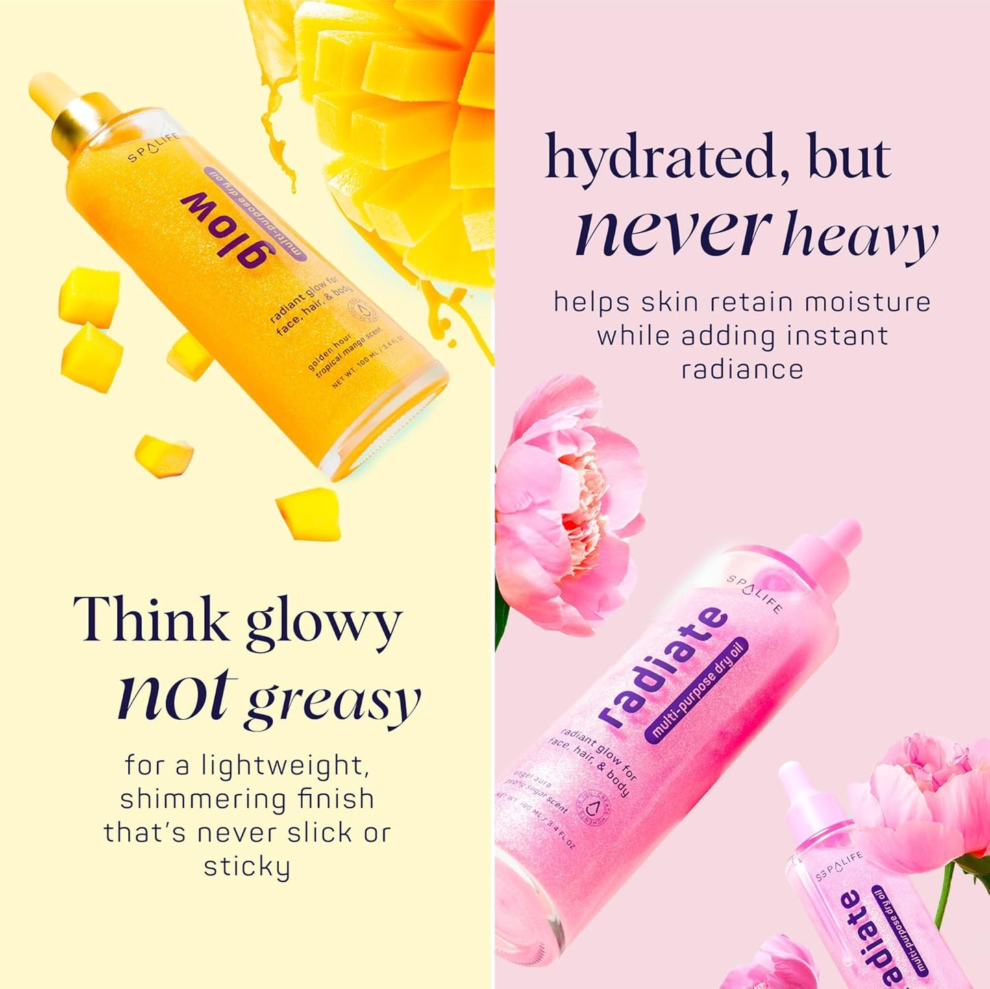 SpaLife Beauty Radiate & Glow Shimmer Oil Bundle – Dry Oil Duo with Subtle & Noticeable Shimmer – Mango & Peony Scents – Hydrating, Lightweight Moisture
