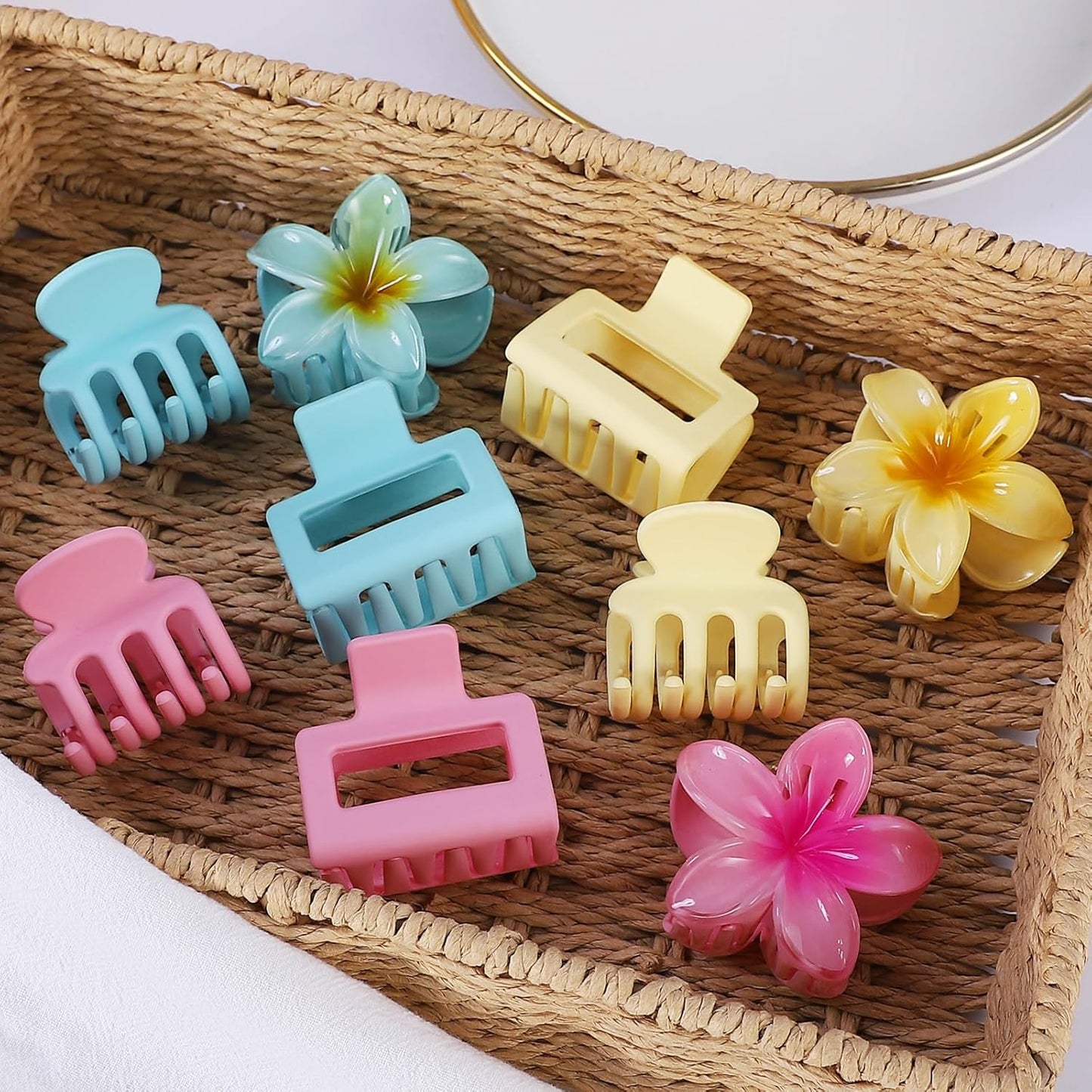 3 Styles Medium Hair Clips for Women 9 Pcs Small Claw Clips for Thin Hair Flower Hair Clips for Thick Hair Square Hair Claw Clips for Girls Hawaiian Plumeria Hair Accessories for Women (Pink)