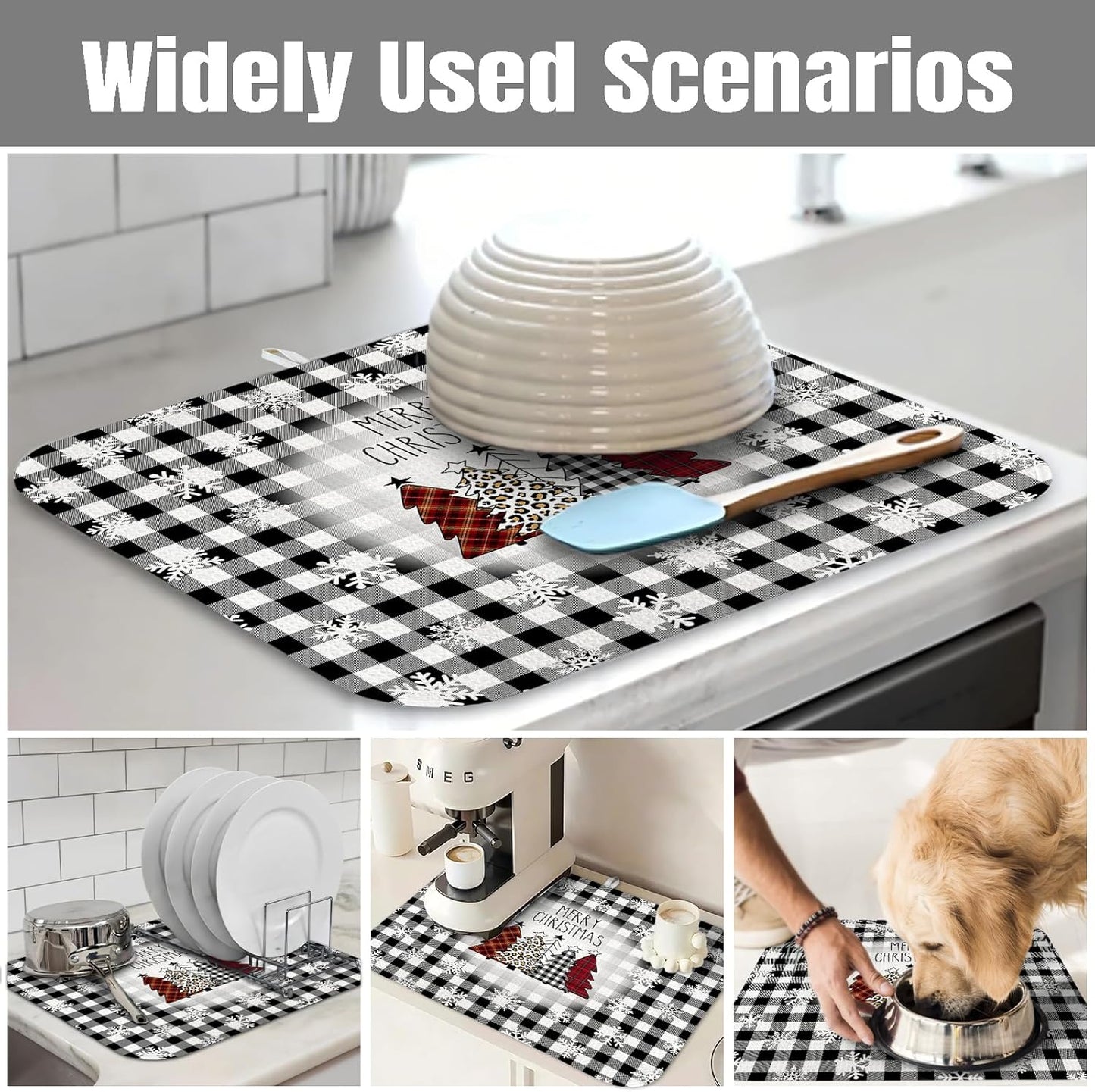 Dish Drying Mat for Kitchen Counter Large 18" x 24" Buffalo Plaid Christmas Tree Absorbent Microfiber Dishes Drainer Rack Mats Pad Reusable Washable