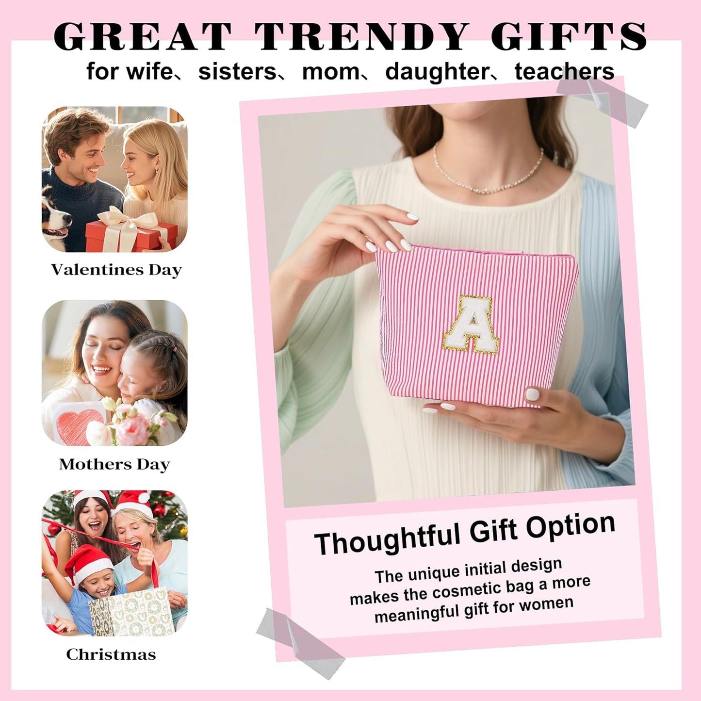 Christmas Gifts for Women - Christmas Stocking Stuffers, Small Makeup Bag for Purse Travel Makeup Bag Set, Initial Make up Bag Pouch,Birthday Gifts for Women, Pink Letter H