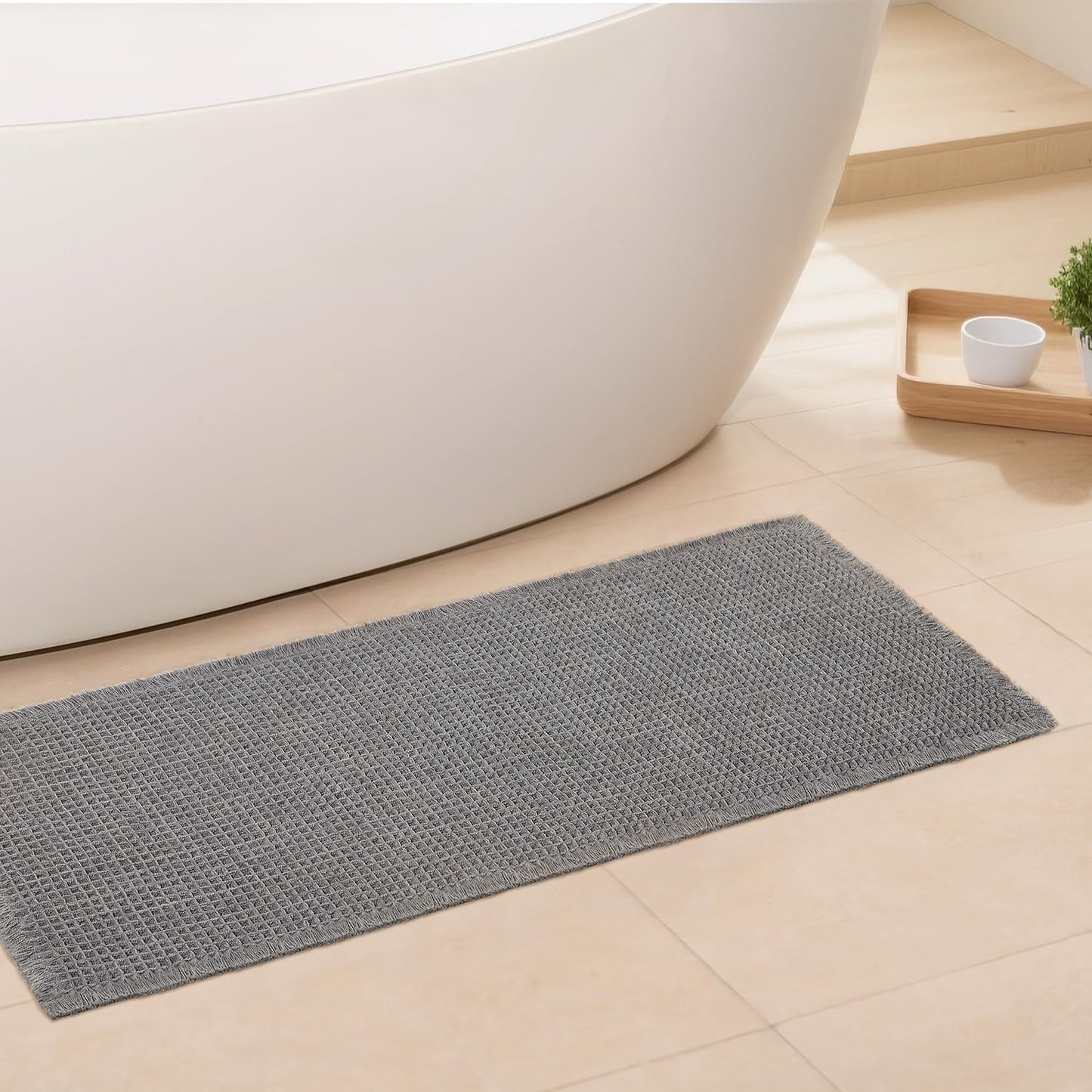 Waffle Bath Mat - Boho Bathroom Rugs Non Slip Washable, Super Absorbent & Quick Dry, Soft Bath Mat Farmhouse Bathroom Decor, 24'' x 48'', Dark Grey