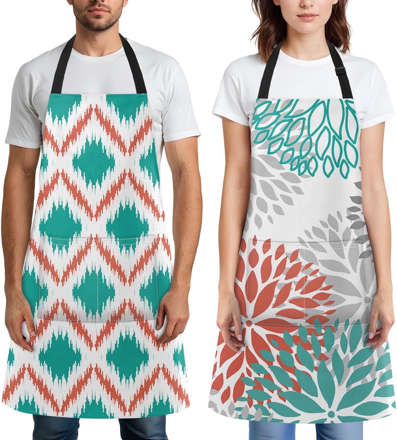 Britimes 2 Pack Aprons, Dahlia Flower Geometric Plaid Adjustable Bib Aprons with 2 Pockets for Women Men Couple Lovers Chef Home Kitchen Cooking Baking Gardening Coral Teal Chevron Apron 32x28 Inches