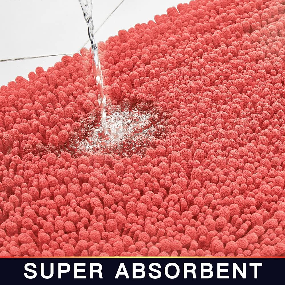 Walensee Bathroom Contour Rug Non Slip Toilet U Shaped Bath Mat (20x24, Coral) Water Absorbent Super Soft Shaggy Chenille Machine Washable Dry Extra Thick Perfect Absorbant Best Plush Carpet