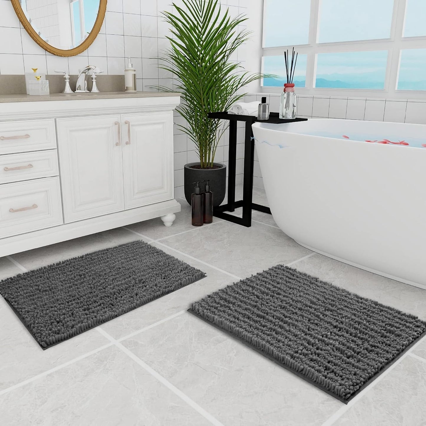 Walensee Bathroom Rug 2 Pieces Set Non Slip Bath Mat (20"x32" Plus 20"x32" Grey/Gray) Water Absorbent Super Soft Shaggy Chenille Machine Washable Dry Extra Thick Perfect Carpet for Shower Floor
