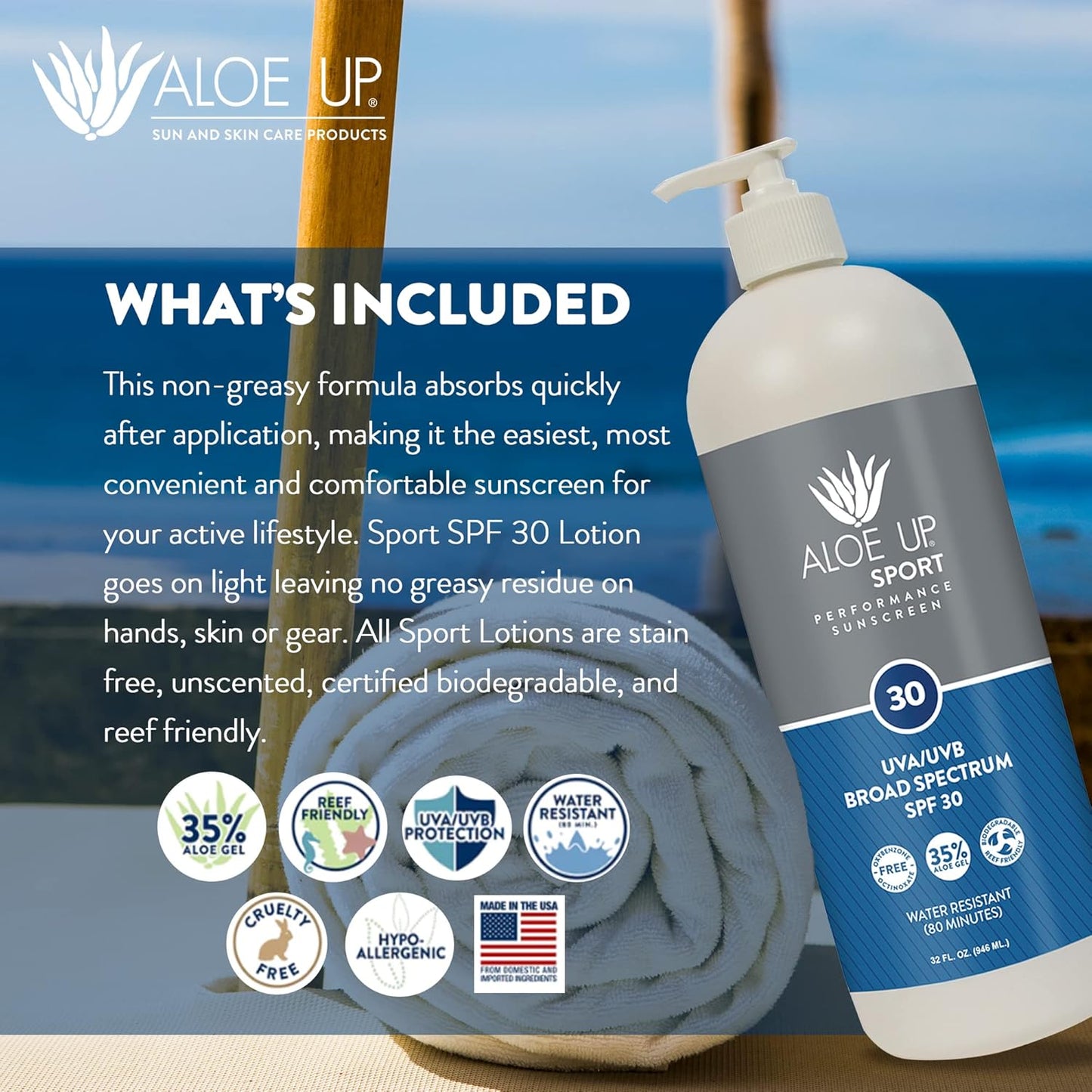 Aloe Up Sport Sunscreen Lotion SPF 30 - Broad Spectrum UVA/UVB Sunscreen Protector for Face and Body With Hydrating Aloe Vera Gel Non-Greasy No White Cast Reef Safe Fragrance-Free - 32 Oz.