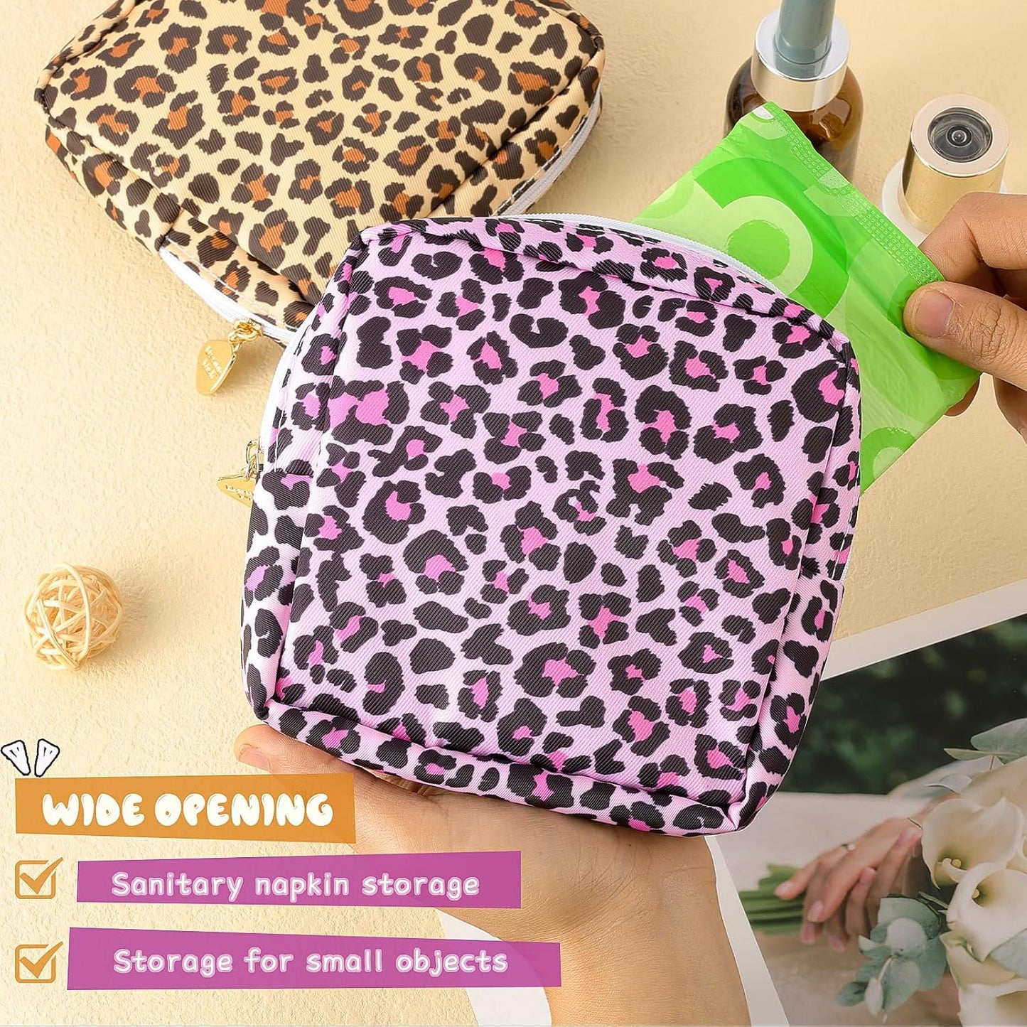 Desing Wish Sanitary Pad Storage Bag Portable Period Bag for Teen Pads/Sanitary Napkins/Small Tampons, Sanitary Napkin Storage Bag First Period Gifts for Teen Girls (Pink Leopard)