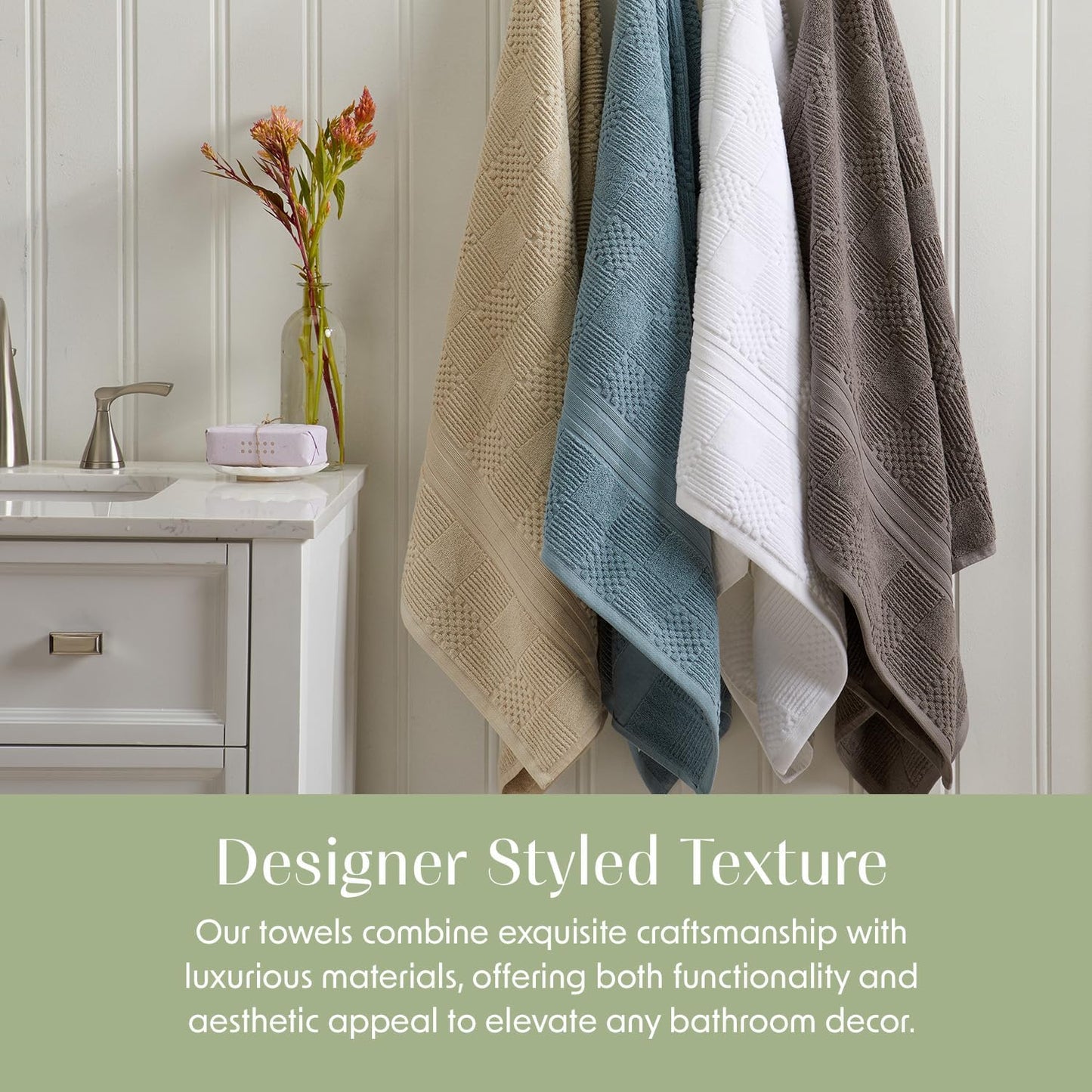 Springtree Home 100% Cotton Bathroom Towel Set | 6 Piece Set - Beige Towels | Geometric Textured Design | Absorbent & Quick-Dry | Oeko-TEX® Standard 100 Cotton | Myla Collection - Sandshell