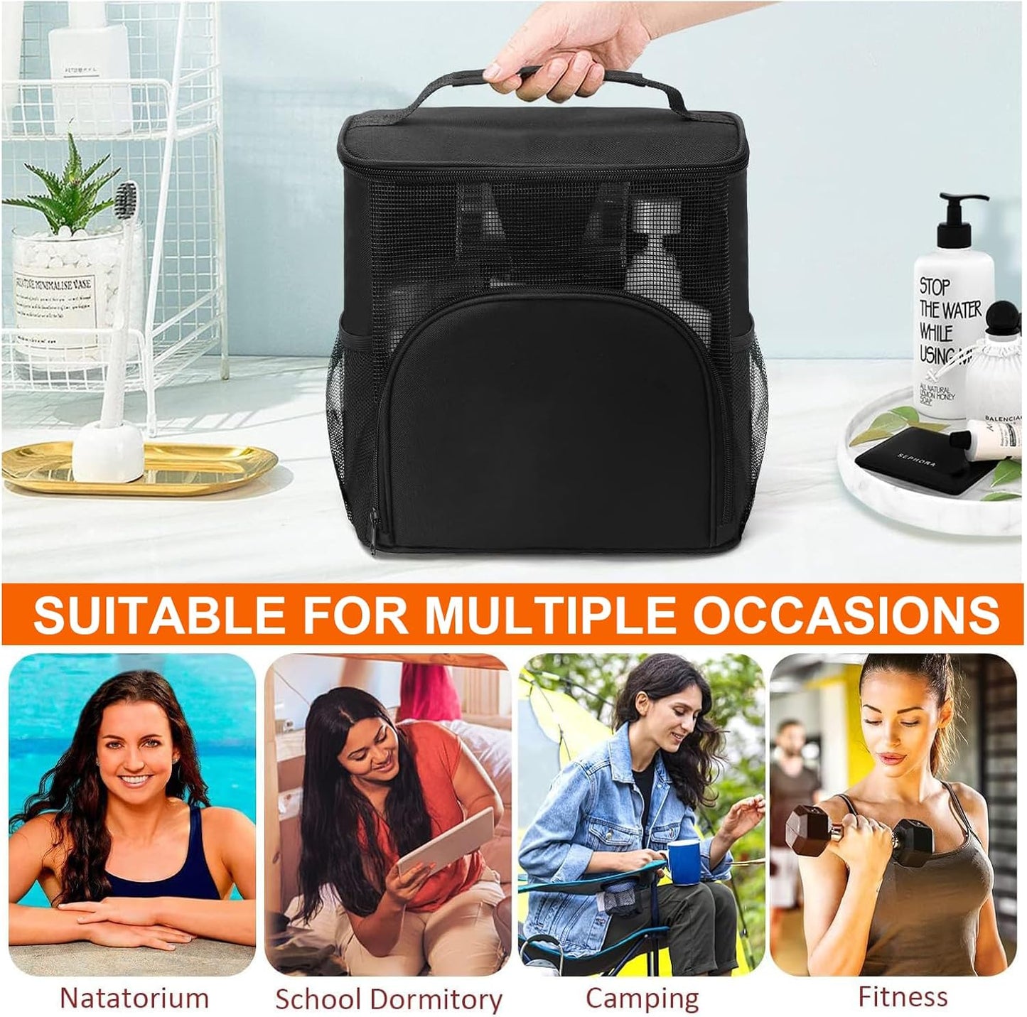 Shower Caddy Hanging Portable-Dorm Room Essentials,Waterproof Shower Bag Travel, Quick Dry- Metal Hooks Bathroom Tote Durable,Men,Women