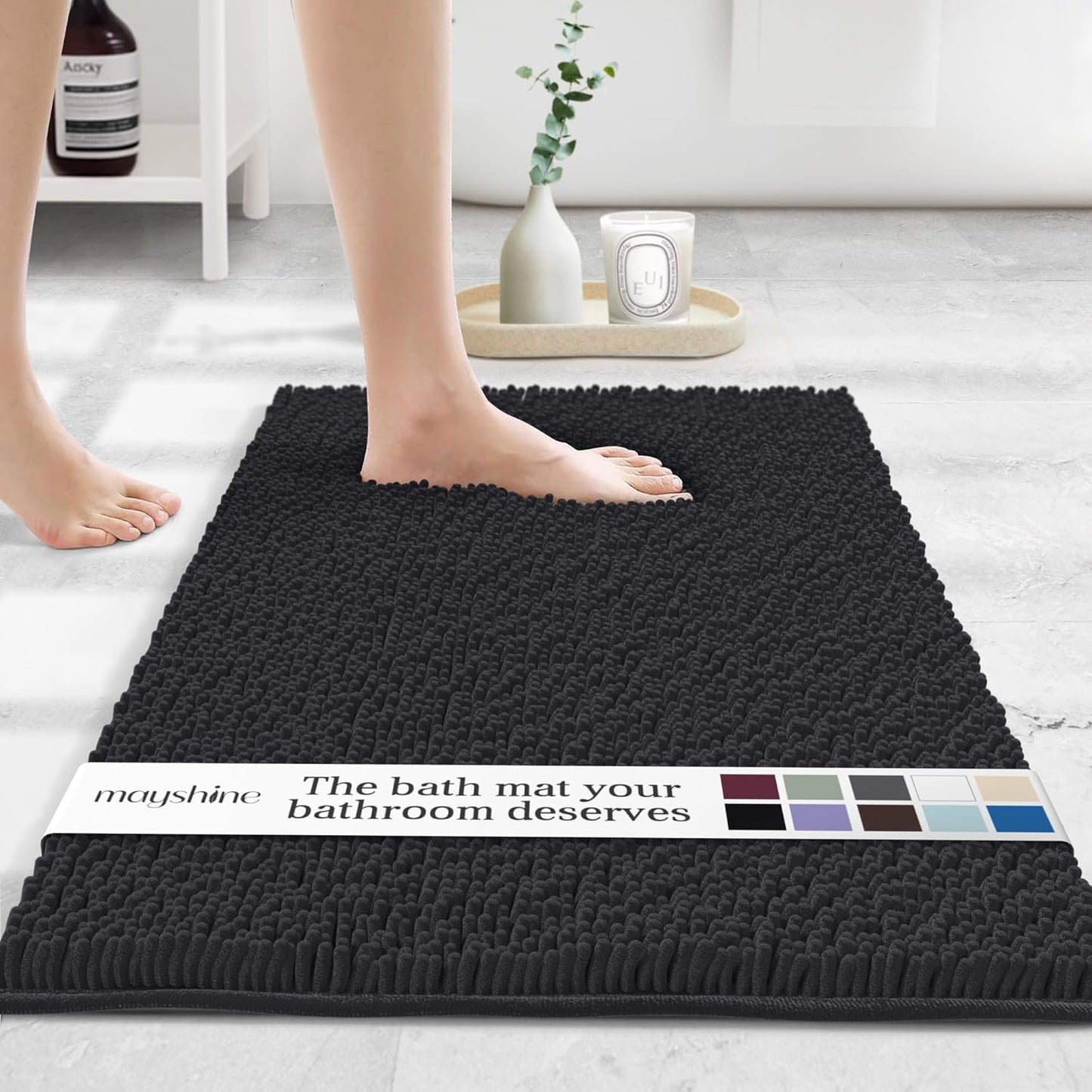 MAYSHINE Plush Shaggy Chenille Bath Mat | Extra Soft, Super Absorbent, Non-Slip Bathroom Rug | Fluffy Microfiber, Area Rug Sets for Bathroom Floor, Kitchen, Living Room | 23"x14" | Black