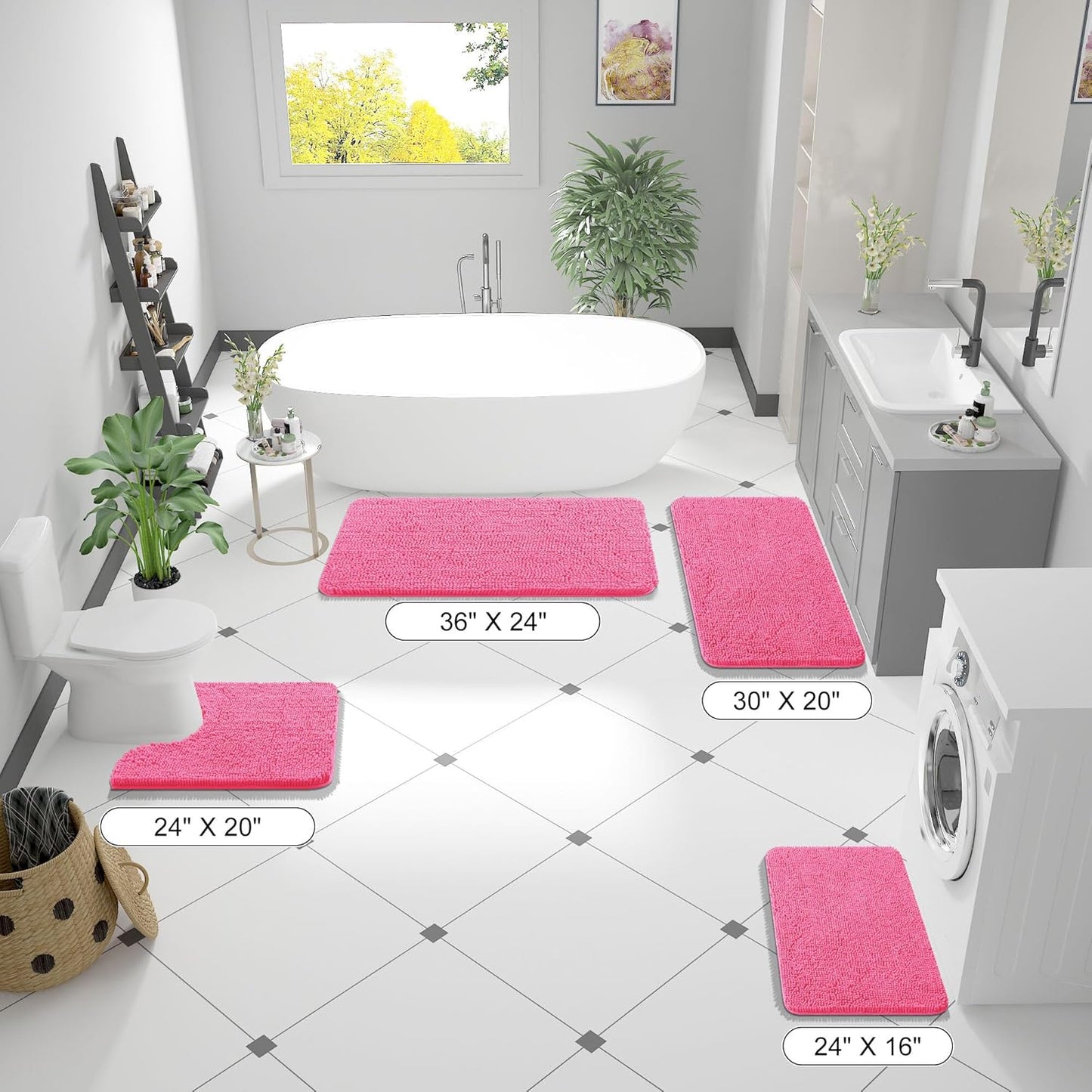 OLANLY Bathroom Rugs 47x24, Extra Soft Absorbent Chenille Bath Rugs, Rubber Backing Quick Dry, Machine Washable Bath Mats for Bathroom Floor, Tub and Shower, Home Decor Accessories, Hot Pink