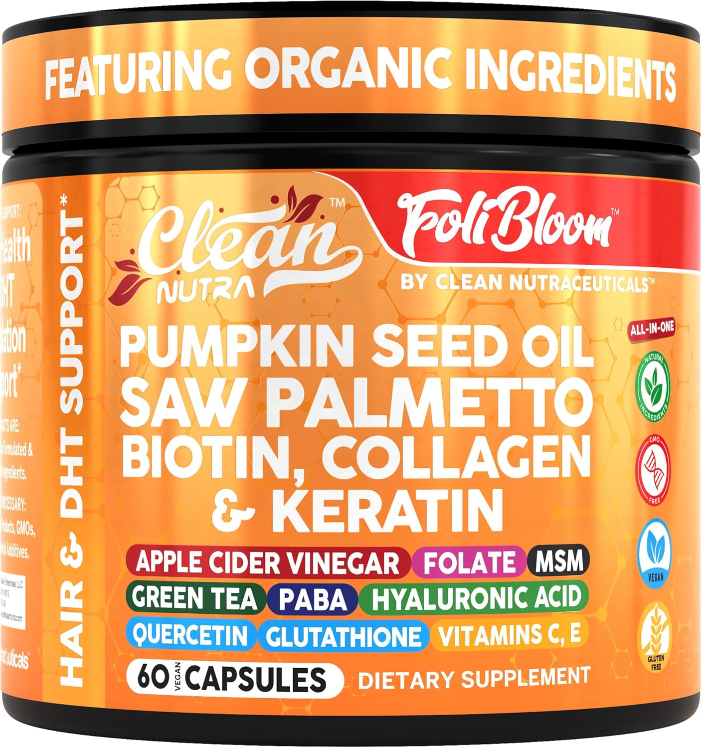 Clean Nutra Pumpkin Seed Oil Saw Palmetto Biotin Collagen Keratin MSM Folate Hyaluronic Acid Supplements B12 Zinc Hair Supplement for Women Men Iodine 5-MTHF B-12 Vitamin B9-60 Vegan Capsules Count