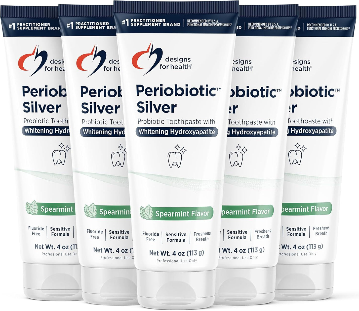 Designs for Health Periobiotic Silver Hydroxyapatite Toothpaste - Fluoride Free Toothpaste with Oral Probiotics - Supports Gum Health & Remineralization, 4oz Mint (Pack of 5)