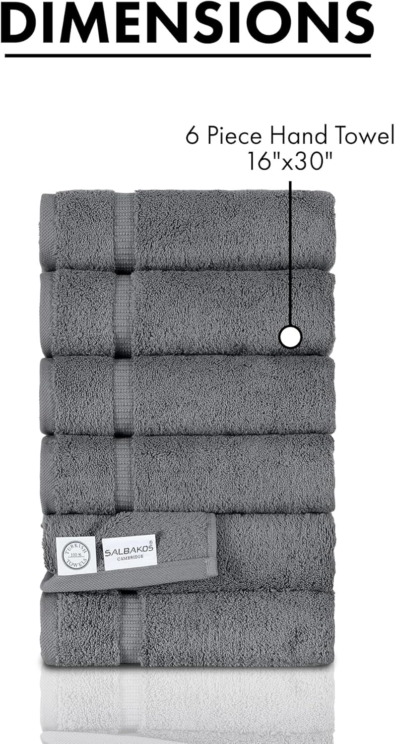 SALBAKOS 100% Turkish Cotton Hand Towel Set of 6 16x30 inch | Heirloom Quality | Hotel & Spa Collection | Ultra Soft, Super Absorbent, Long Lasting Hand Towels | Made in Turkey (Gray, 6 Hand Towels)