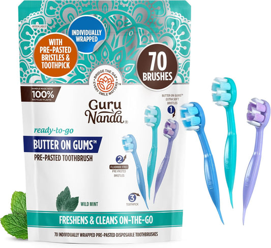 GuruNanda Ready-to-Go Disposable Mini Travel Toothbrushes - Butter on Gums Softex Bristles, Pre-Pasted Toothbrush & Toothpick - Fluoride-Free, No Rinsing Needed, 70 Ct