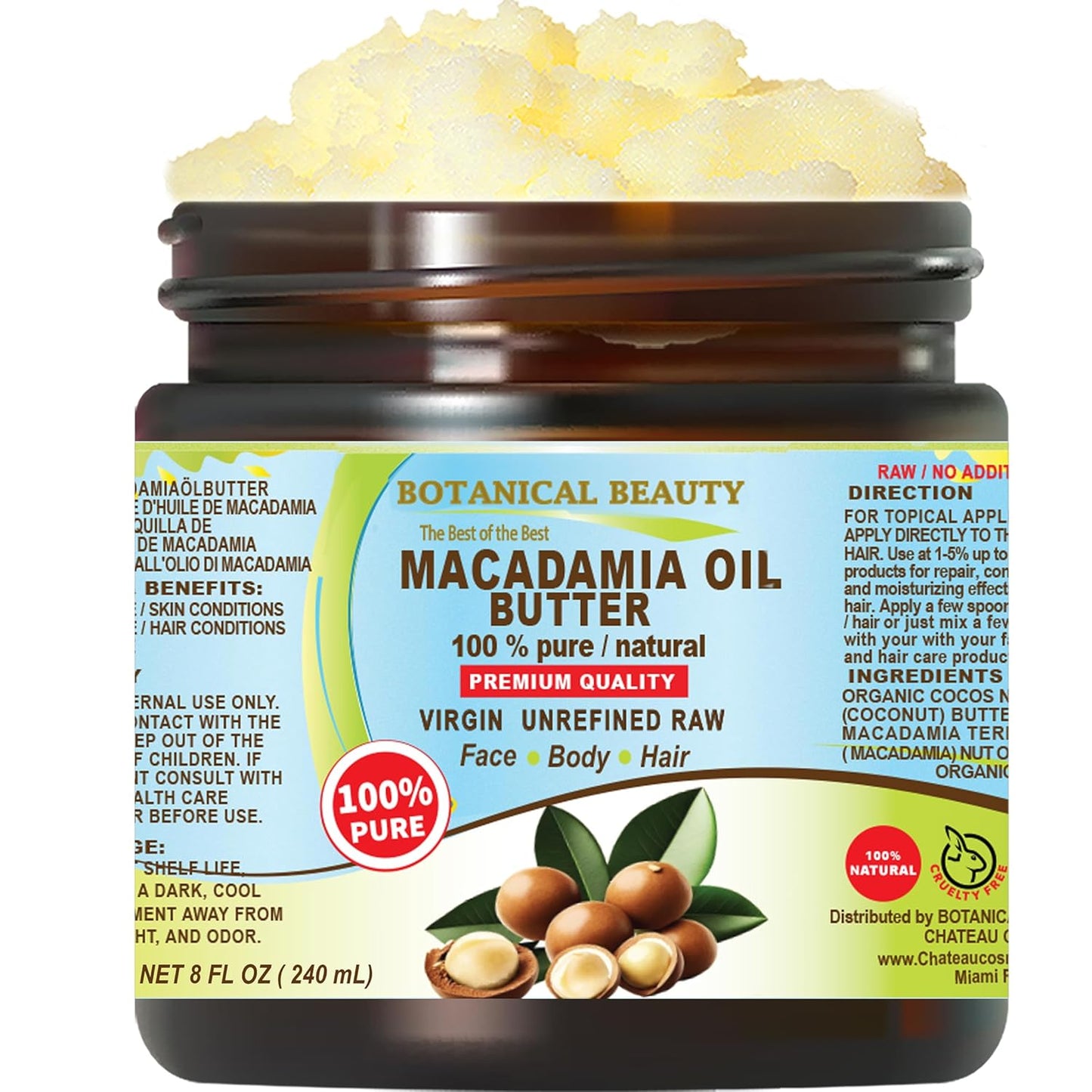 Botanical Beauty MACADAMIA OIL BUTTER 100% Pure Natural VIRGIN UNREFINED Cold-Pressed for Face, Skin, Body, Hair, Lip, Nails. Rich in Vitamin E, Omega 3, Omega 6 (8 Fl Oz)