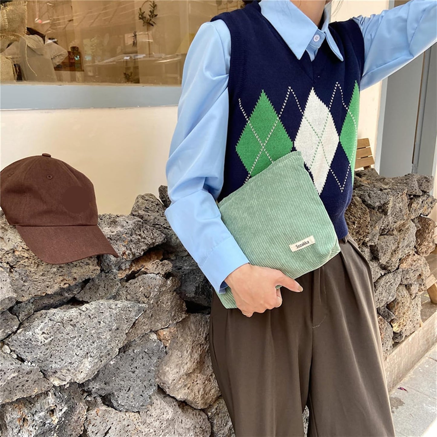 Cosmetic Bags for Women - Corduroy Cosmetic Bag Aesthetic Women Handbags Purses Smile Dots Makeup Organizer Storage Makeup Bag Girls Case Bags (Pure Green)