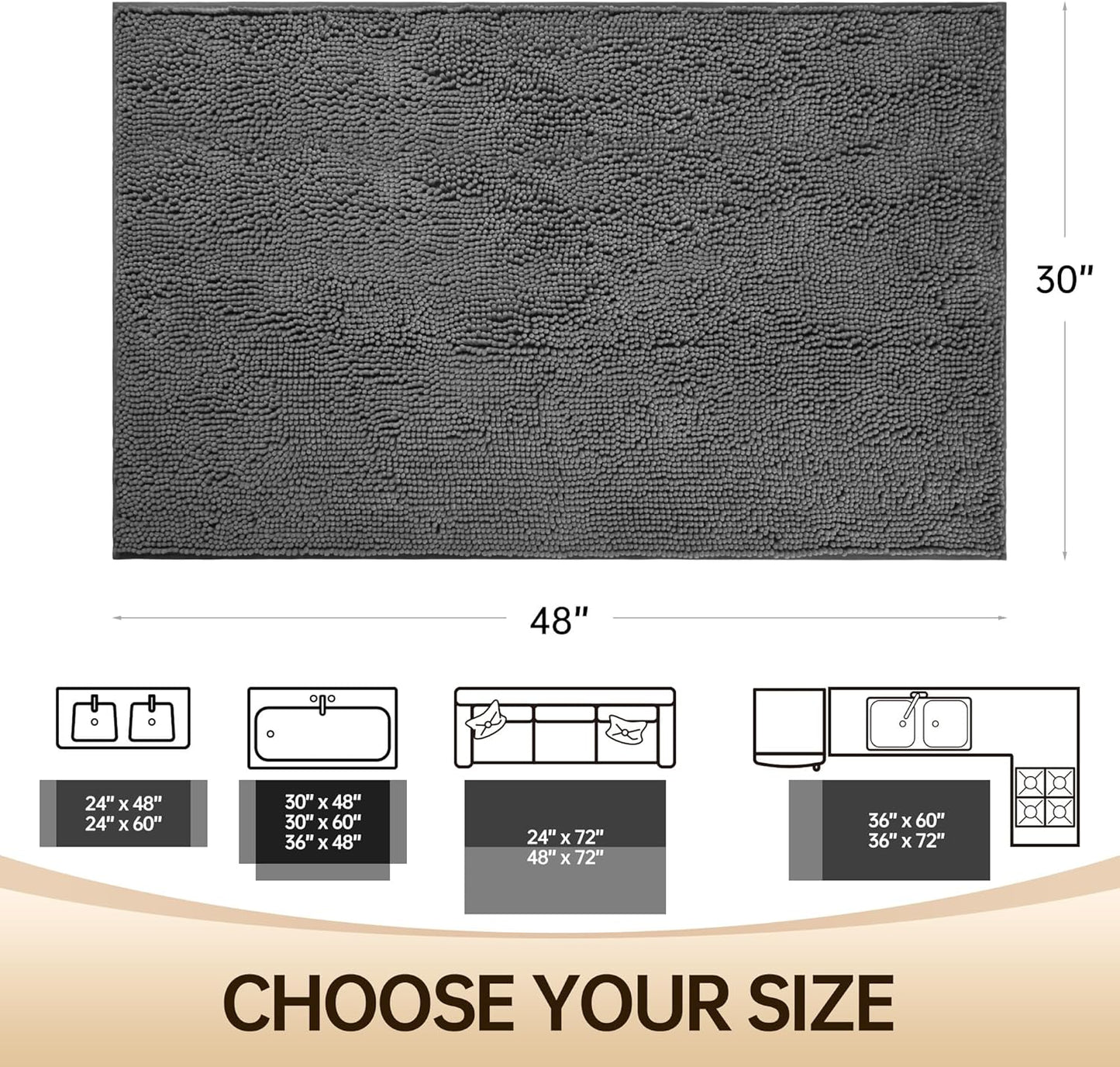 Amyracel Bathroom Rug Mat 30x48, Thick Soft Quick Dry Absorbent Chenille Bath Rug, Rubber Back Non Slip Machine Washable Bath Mat for Bathroom Shower Tub Floor