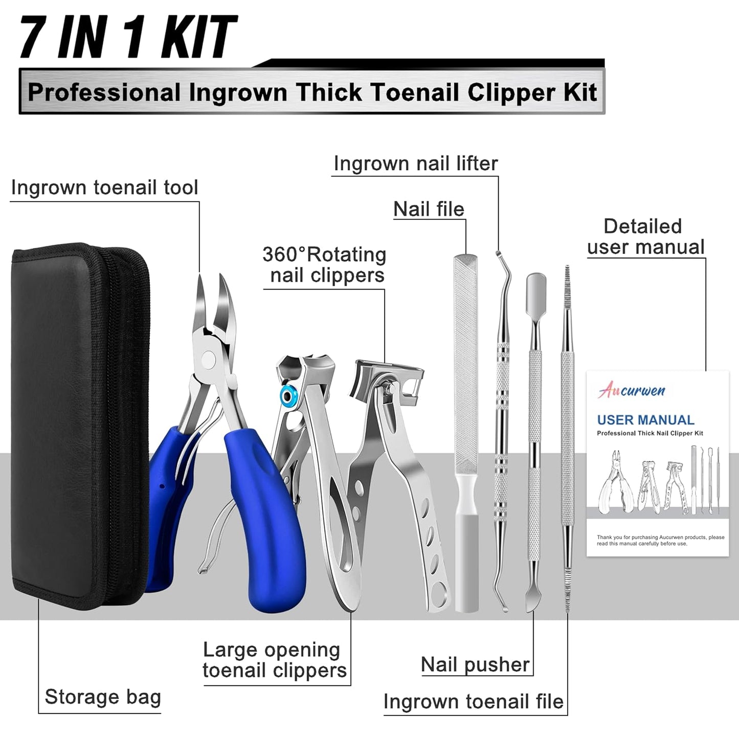 Toenail Clippers for Seniors Thick Toenails, Aucurwen Heavy Duty Toe Nail Clippers Adult Thick Nails Long Handle, Large Toenail Clippers for Thick Nails 7Pcs(Blue)