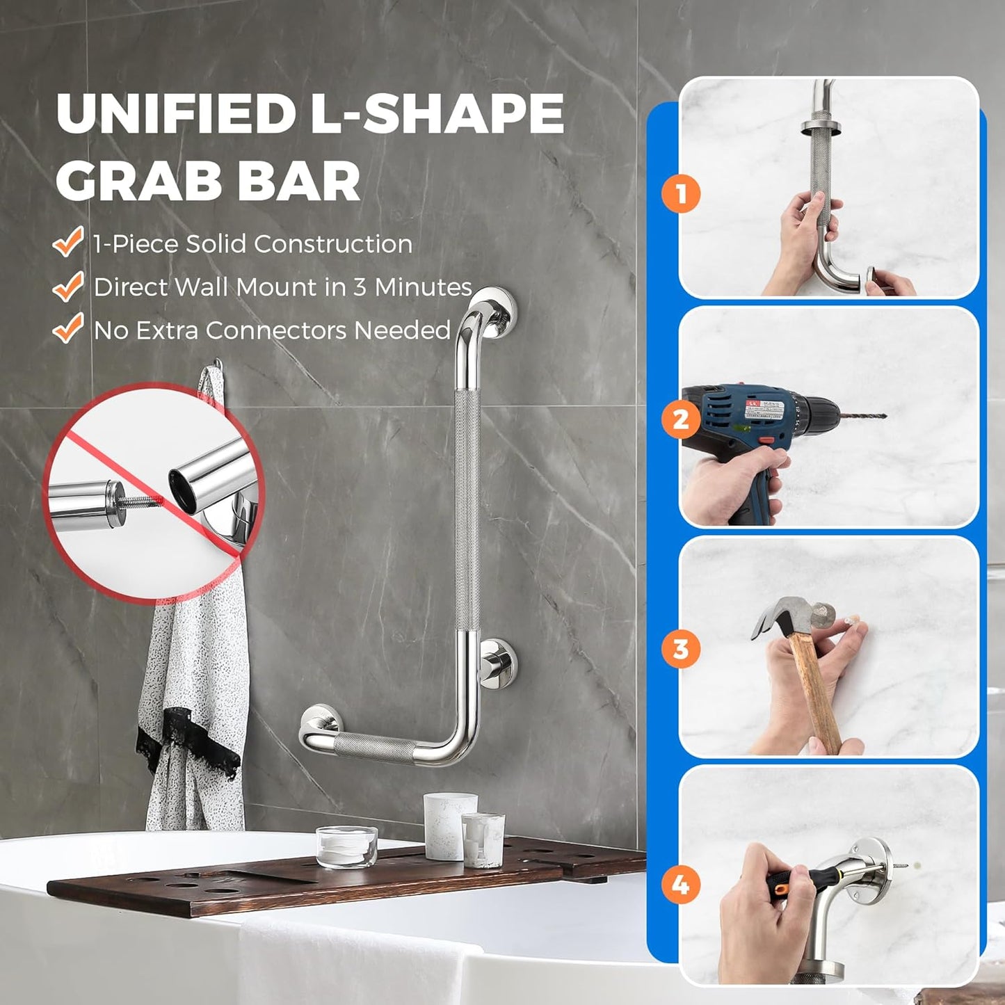 L-Shaped Grab Bars for Shower, 24x12 Inch Stainless Steel Grab Bars for Elderly for Wall Mount, Anti-Slip Knurled Grip Bathroom Safety Rail, Right