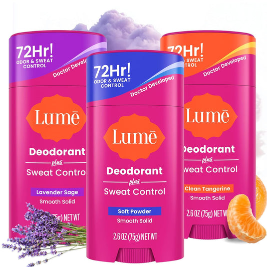 Lume Deodorant Plus Sweat Control - Smooth Solid Stick - Maximum Strength Antiperspirant - 72 Hour Odor And Sweat Control - Baking Soda Free - 2.6 ounce (Lavender Sage, Clean Tangerine & Soft Powder)