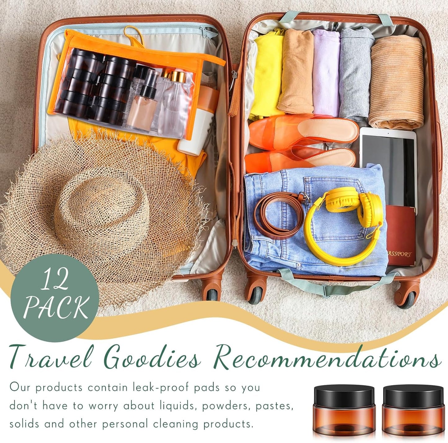 SATINIOR 12 Pack Plastic Container Jars with Lids Round Clear Travel Cosmetic Container Jars for Toiletries, Lotion, Cream, Ointments, Makeup, Rhinestone, Samples, Kitchen Storage(1 oz,Amber)