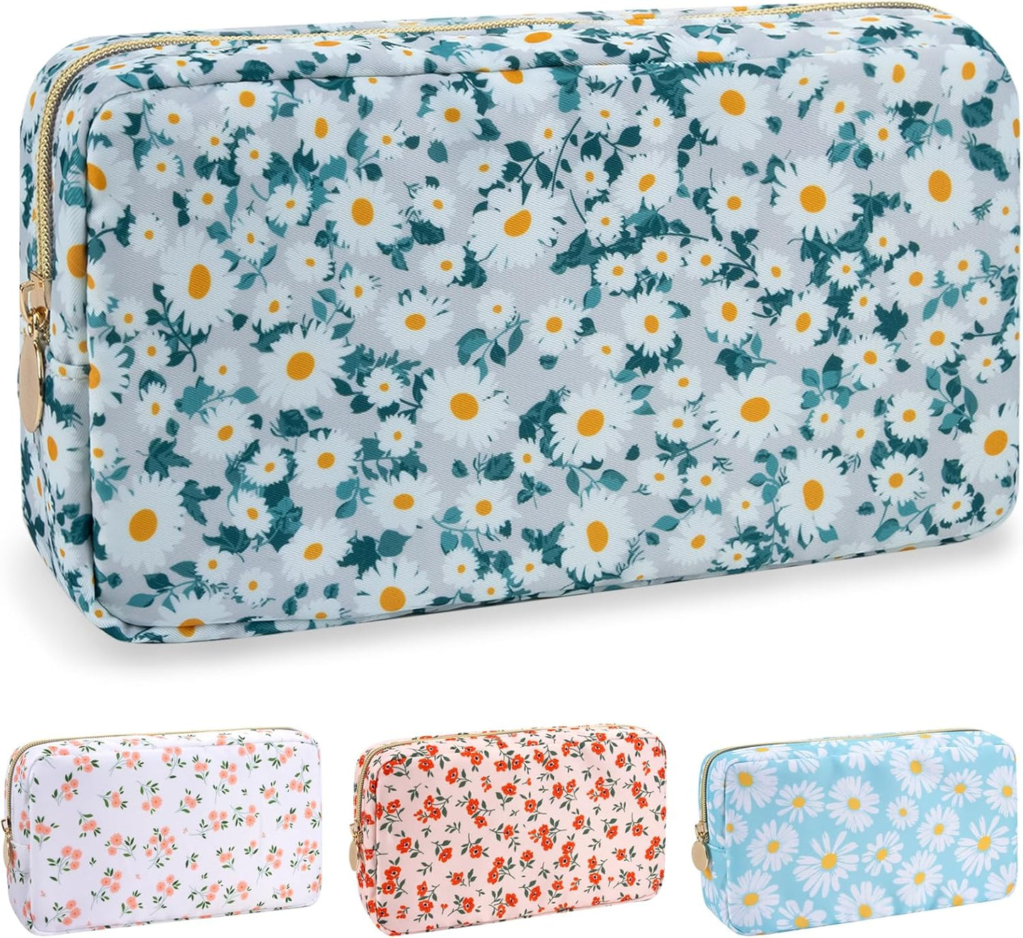 Nylon Small Floral Makeup Bag for Purse, Cute Preppy Makeup Bag Flower Cosmetic Zipper Pouch Purse, Waterproof Portable Travel Toiletry Makeup Brush Coin Pouch Organizer Storage for Women(Green-Daisy)