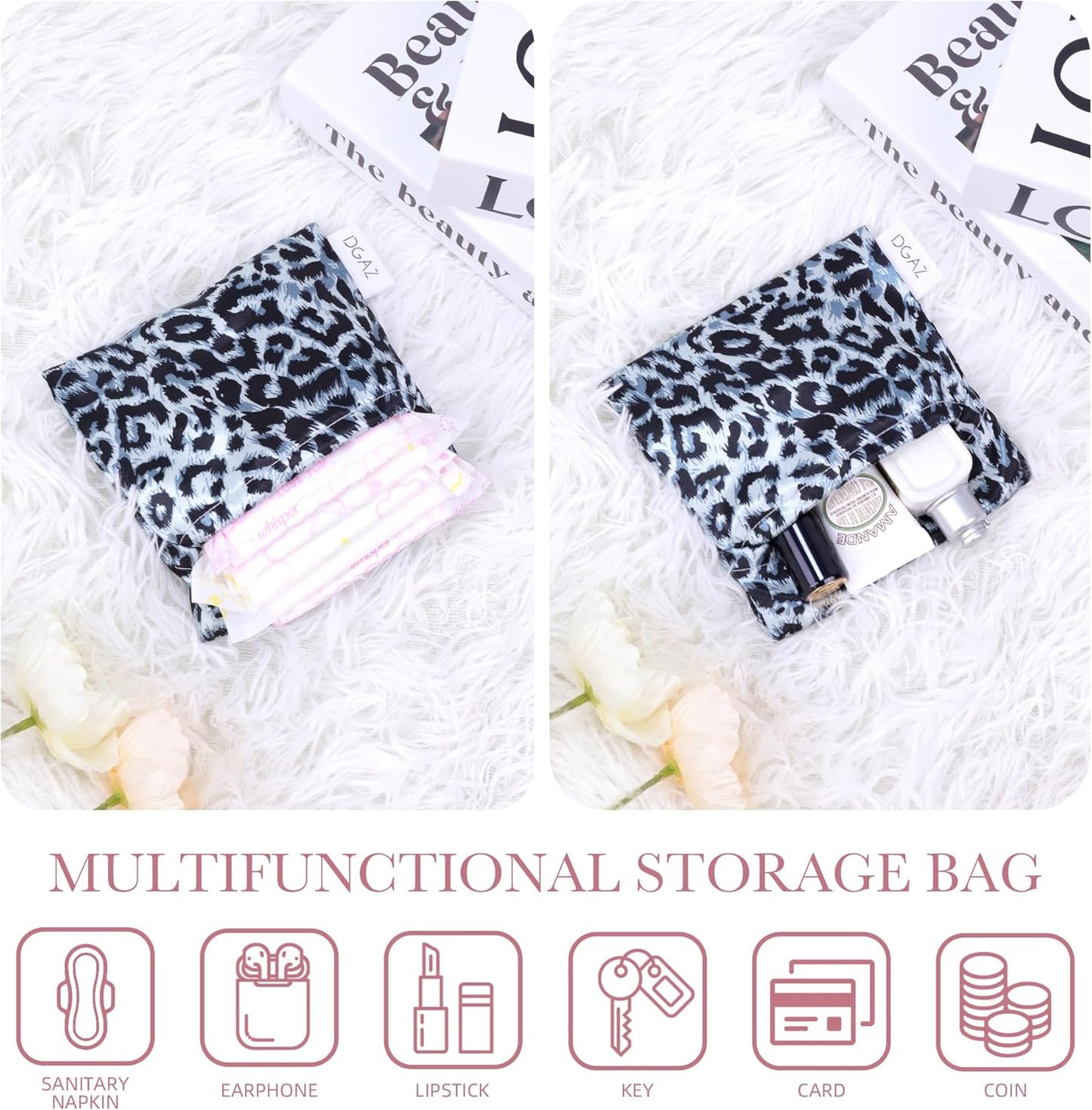 DGAZ Sanitary Napkin Storage Bag, Period Bag for Teen Aged Girls, Portable Period Bag for Panty Liners/Menstrual Cup/Small Tampons，Mini Makeup Bag for Purse(Leopard D)