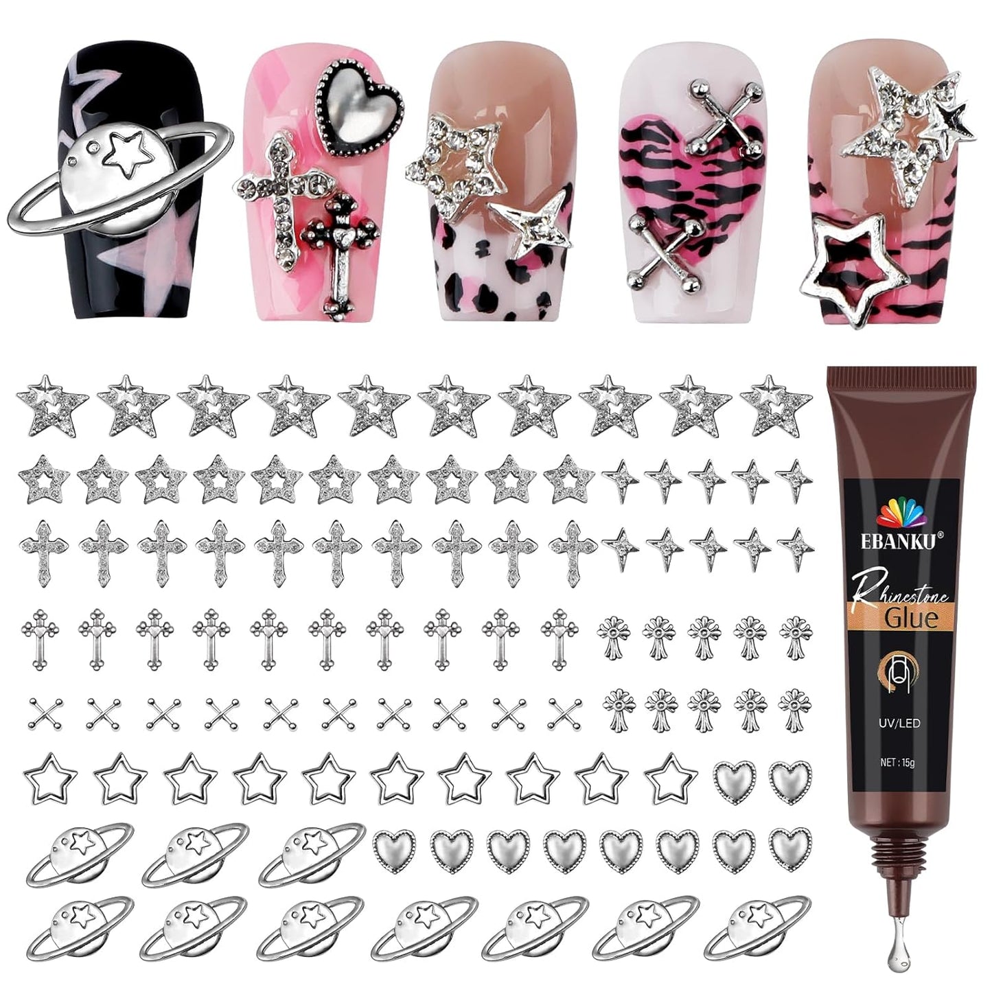 EBANKU Nail Charms for Nails, 100 PCS Nail Charms Y2K Bulk Set with 15g Nail Rhinestones Glue, Star Heart Planet Cross Alloy Nail Gems 3D Silver Stars Nail Jewels Accessories for Acrylic Nails